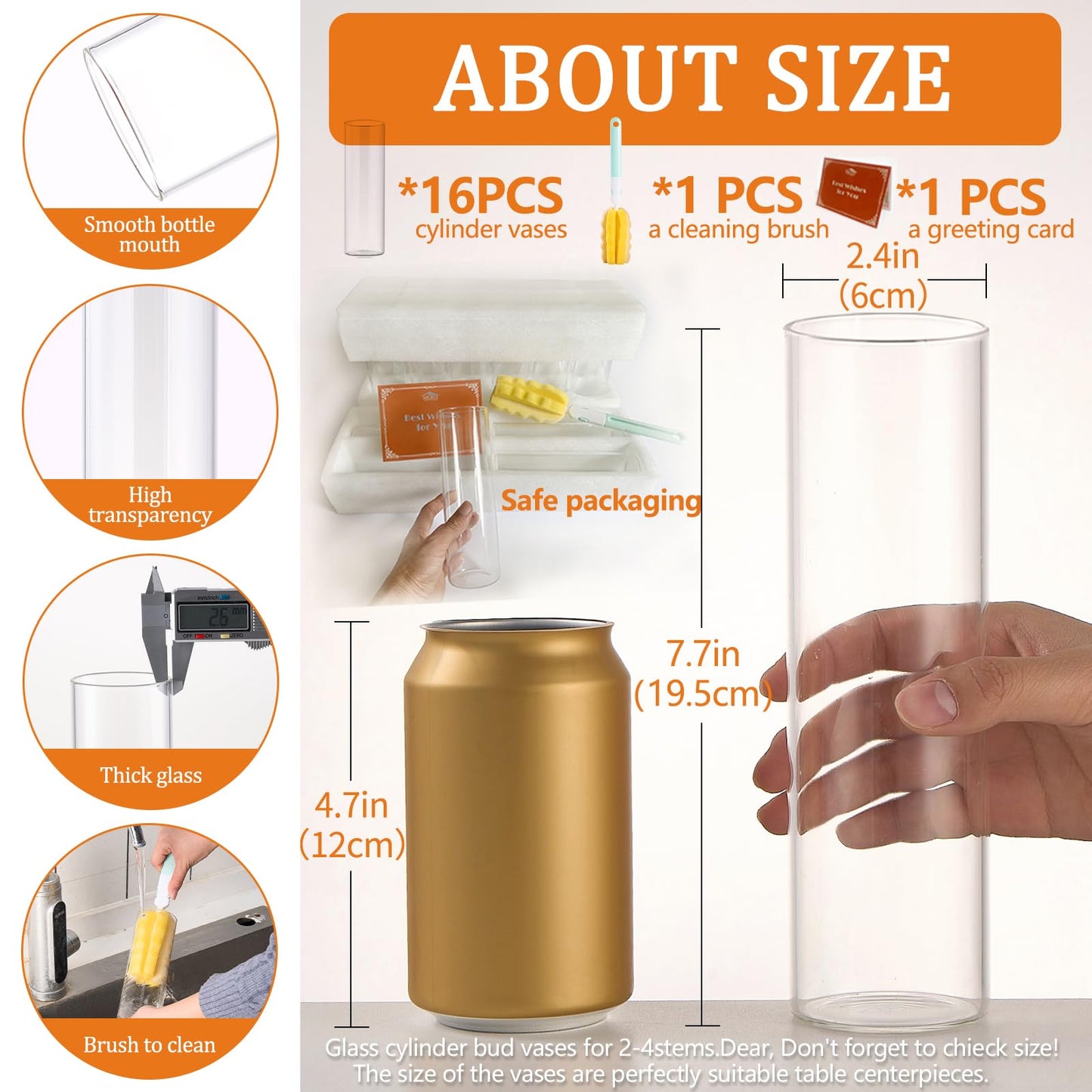 16Pcs Glass Cylinder Bud Vases for Centerpieces,7.7 In Tall Clear Flower Vases in Bulk,Glass Small Vases Floating Candle Holder for Party,Home Decor,Wedding Decoration,Birthday,Anniversary,Baby Shower
