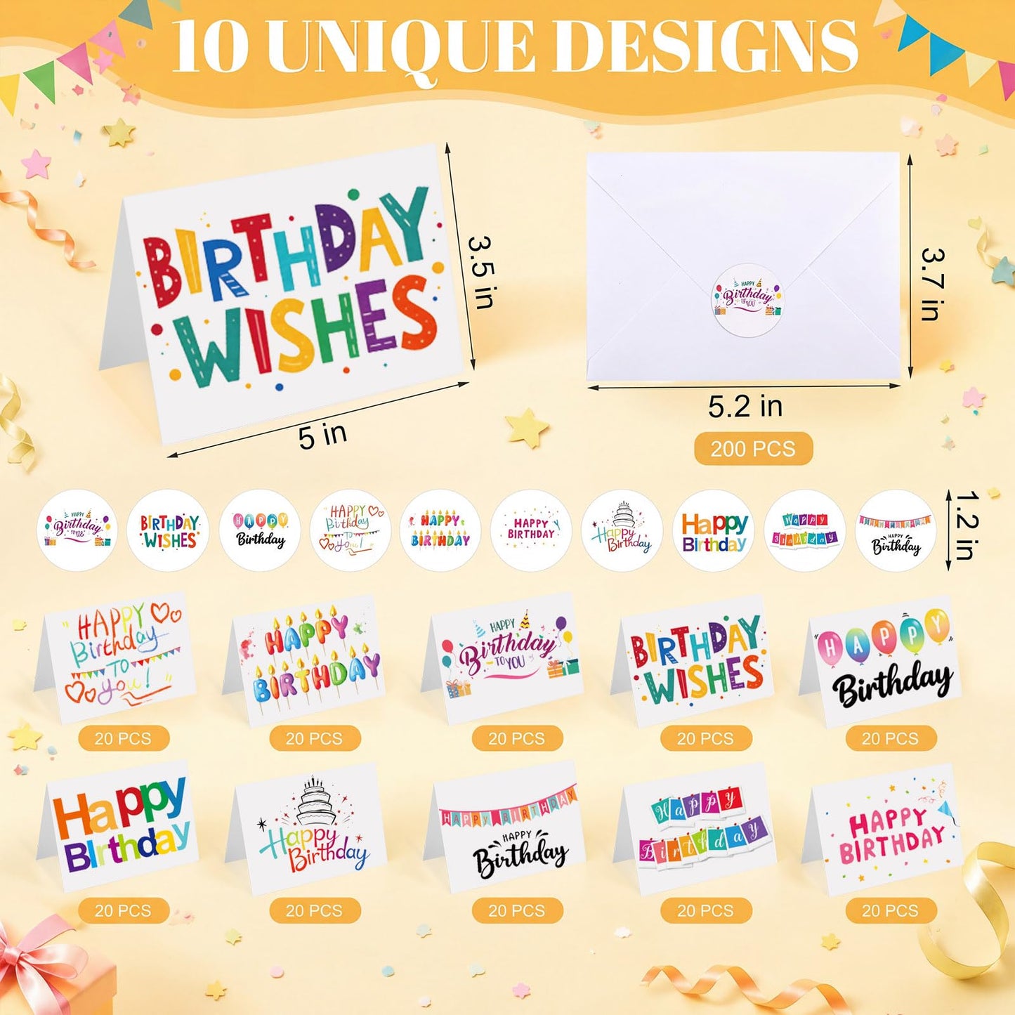 Gueevin 200 Pcs Happy Birthday Cards Bulk with Envelopes and Stickers 3.5 x 5 Inch Birthday Greeting Blank Cards, 10 Designs for Work, Friends, Family, Party Supplies (Lively and Adorable)