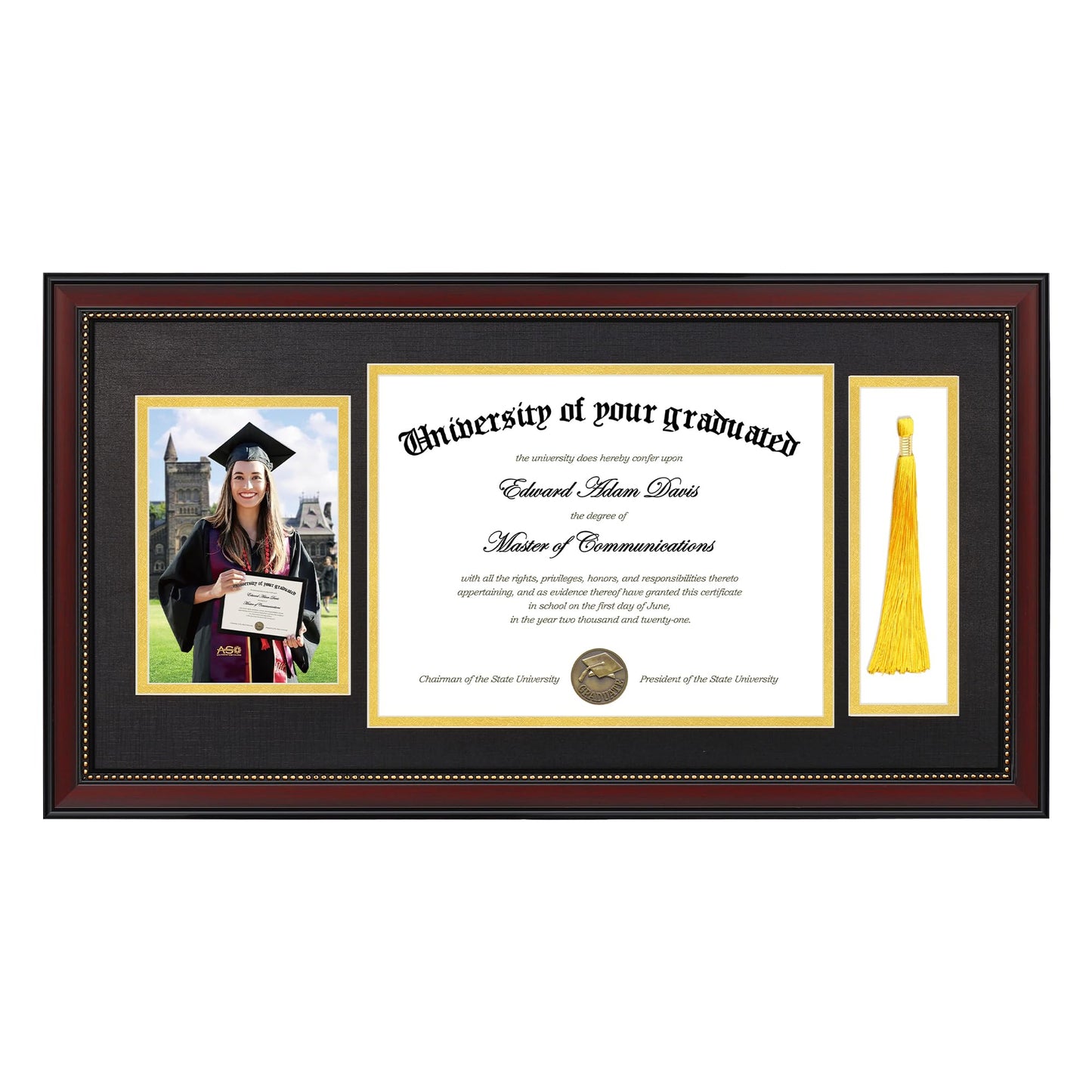 upsimples 11x22 Diploma Frame with Tassel Holder for 8.5x11 Certificate and 5x7 Photo with Black over Gold Mat, High Definition Glass, Mahogany with Gold Beads, 1 Pack