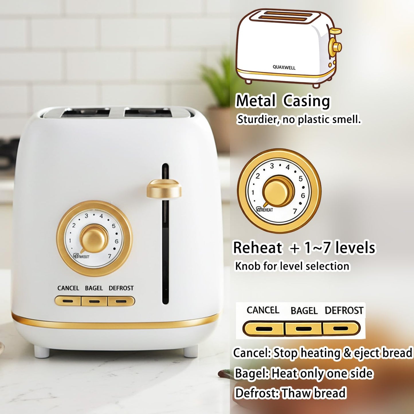 QUAXWELL 2-Slice Toaster, Wide Slots, 7 Bread Shade Settings, Stainless Steel, Bagel, Cancel, and Defrost Functions, Removable Crumb Tray, Retro Style Toaster,Matte White and Gold