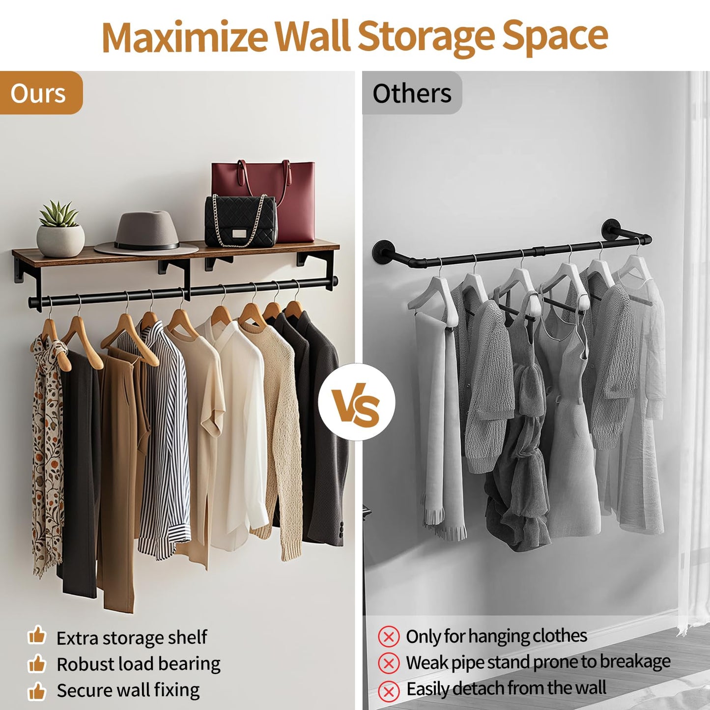 Luxspire Wall Mounted Clothes Rack, 43.3inch Clothing Racks with Top Shelf for Hanging Clothes, Heavy Duty Industrial Pipe Garment Rack, Laundry Room Shelves Closet Storage, Large