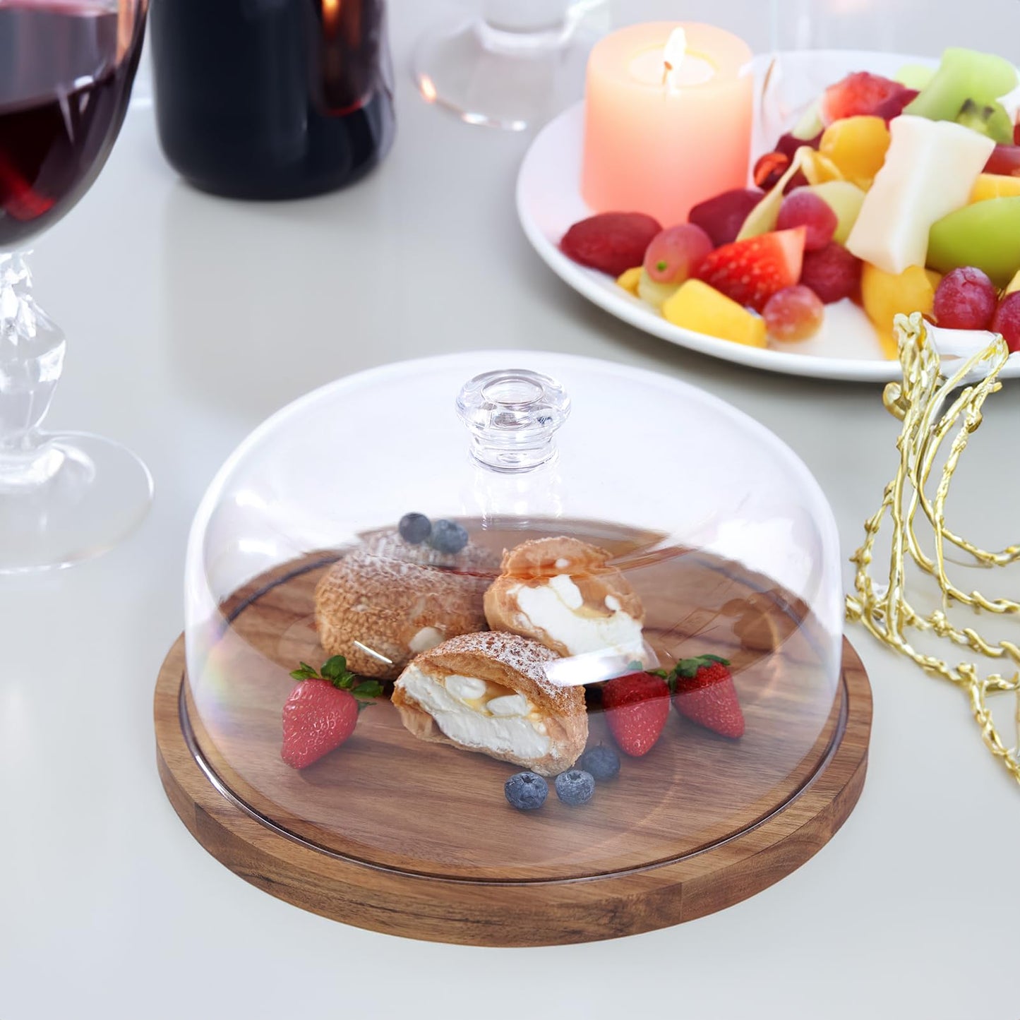 LiTY Cake Stand with Lid, Acacia Wood 12in Round Cake Holder, 2-in-1 Dessert Table Display Set & Charcuterie Board for Cheese, Chips & Dips, Nachos, Fruit Platter, Large Acrylic Cake Dome Cover