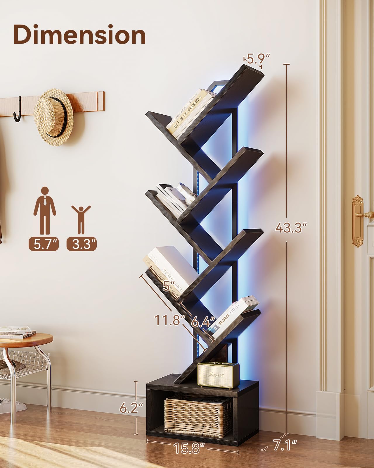 Casaottima 6-Tier Tree Bookshelf — Narrow Floor Standing Bookcase, Tall Steel & Wood Book Organizer Shelf with Cabinet, Home Decor for Living Room/Bedroom/Home Office, Black