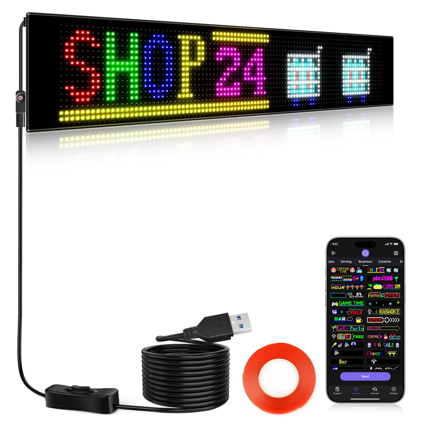KJOY Huge Bright Devil Eyes LED Light for Car，23''x5'' Flexible Digital Scrolling LED Display，Bluetooth APP Control Custom Text Pattern Animation LED Store Sign for Car Business Hotel School（1pcs）