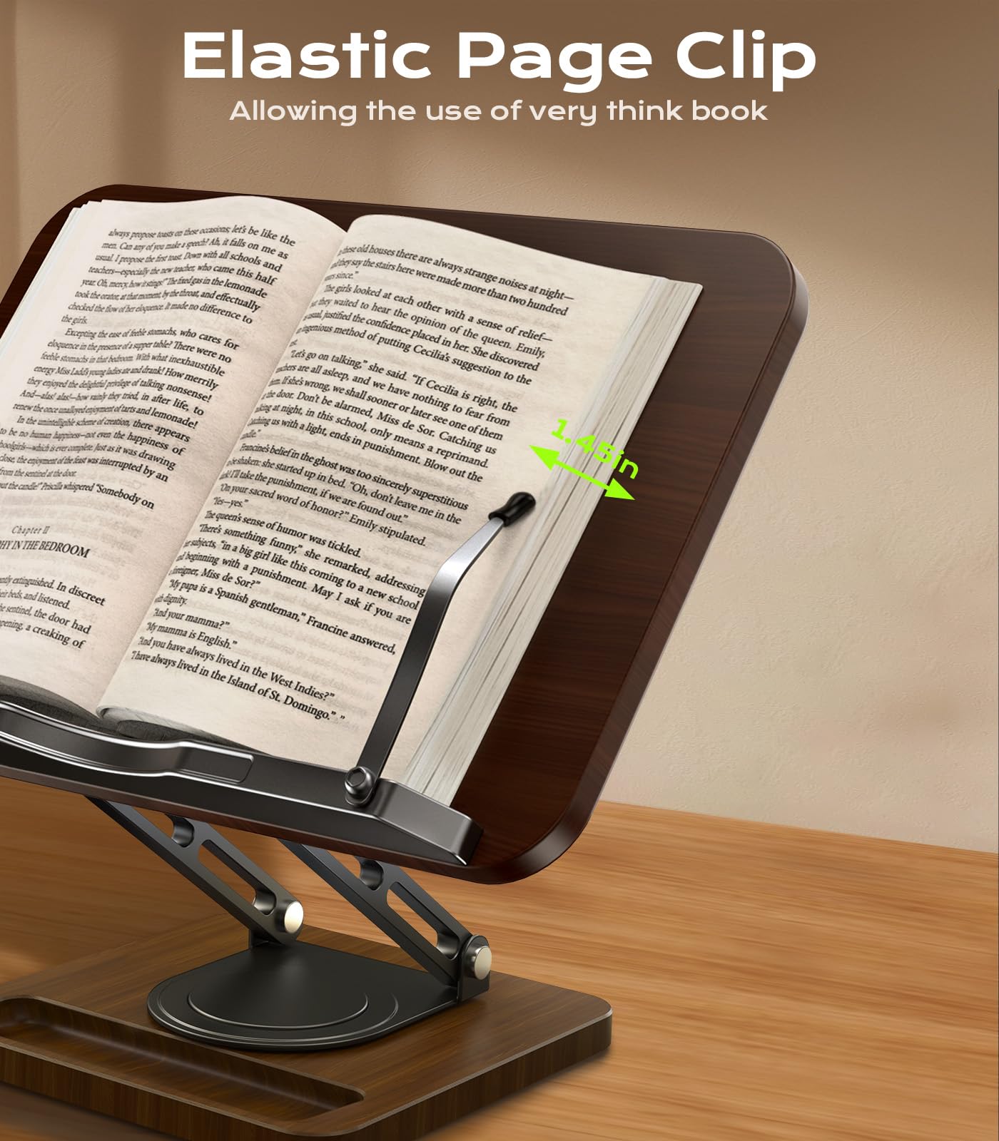 Book Stand for Reading, Adjustable Book Holder, 360° Rotating Bases with Pen Slot, Ergonomic Cookbook Stand Recipe Book Holder with Elastic Page Clips for Magazines, Tablets, Laptops