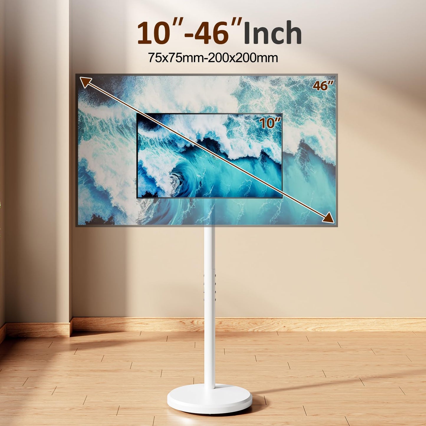 Hovadova Mobile TV Cart Rolling TV Stand for 10-46 Inch Flat/Curved Screen Up to 88lbs, Height Adjustable Portable TV Cart with Tilting and Rotating, TV Stand with Wheels, Max VESA 200x200mm (White)