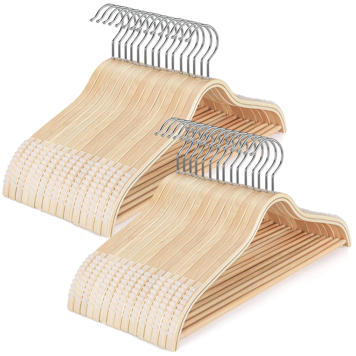 TOPIA HANGER Sleek Wooden Hangers with Non-Slip Rubber Grips, Sweater Hangers No Shoulder Bump, Lightweight Clothes Hangers 30-Pack, 360° Swivel Hook and Pants Bar-CT63N30