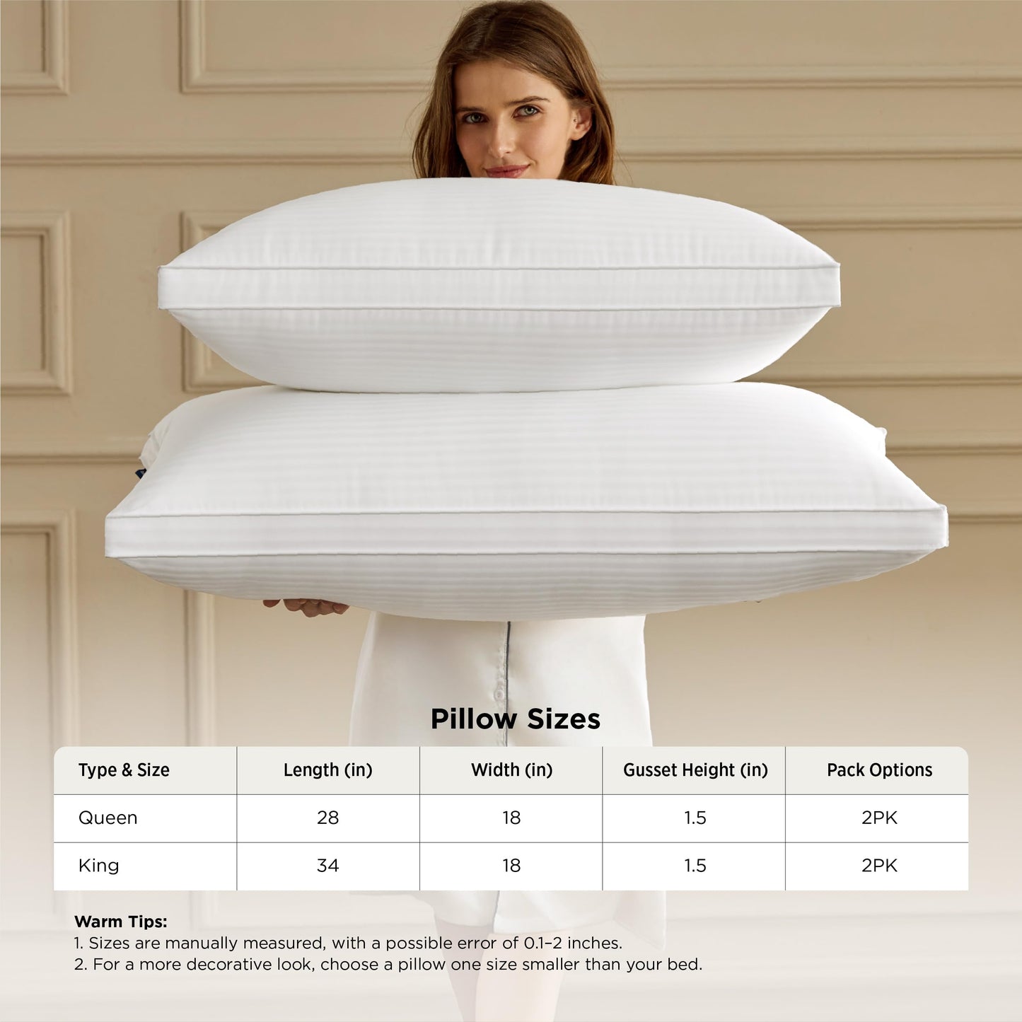 Bedsure Queen Size Bed Pillows Set of 2 - Hotel Quality Gusseted Down Alternative Pillow, 100% Cotton Cover PureWoven 300TC, Dual Chamber Fluffy Support Suitable for All Sleeping Positions