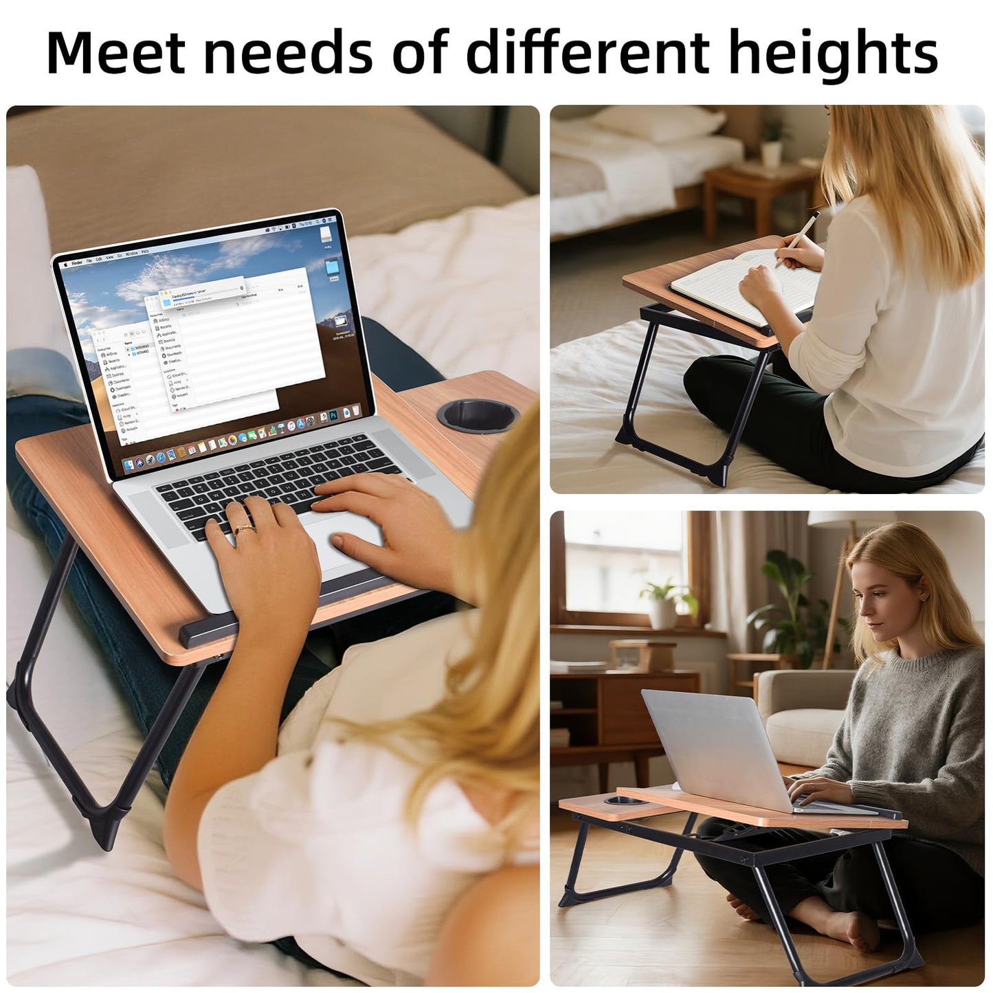 LapDesk Pro Adjustable Laptop Desk for Bed & Couch, Portable Foldable Bed Tray Table with Cup Holder, Laptop Stand for Desk, Small Writing Table (Black)