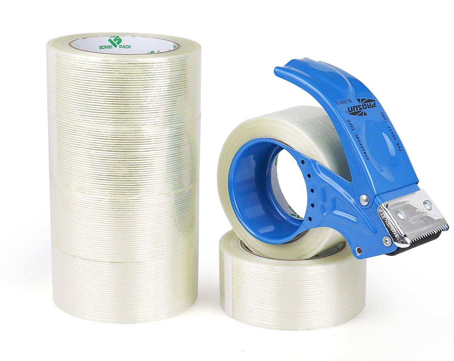 BOMEI PACK Strapping Tape 2Inch, Fiberglass Reinforced Heavy Duty Packing Tape with Dispenser with String for Moving and Shipping, 6Rolls x 5.5Mil x 35Yds, Total 210Yds