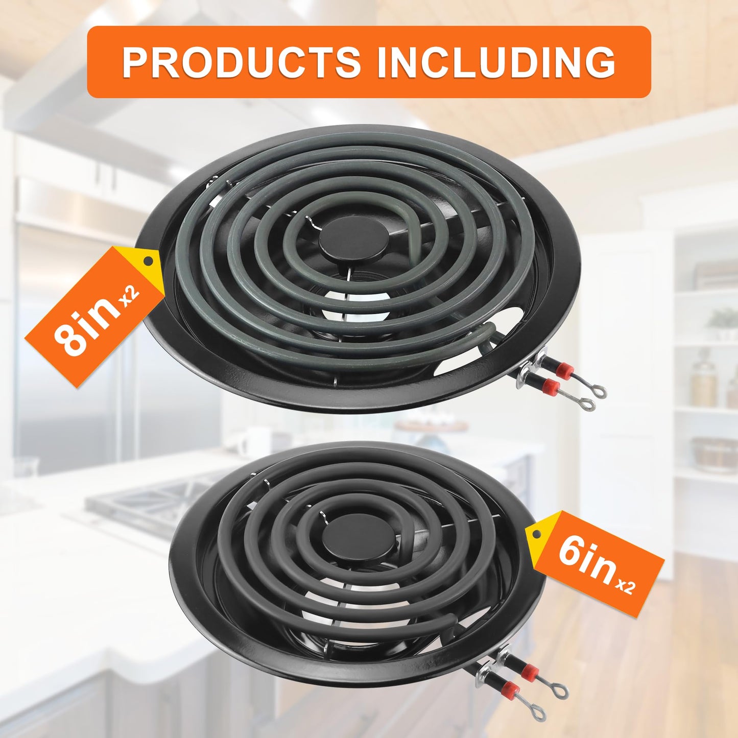 Stove Burner Drip Pans W10288051 Stove Burner Covers&MP22YA Electric Range Burner Element Set Compatible for Whirl-pool Electric Range Stove-by MIFLUS,2*W10290350(8")2*W10290353(6")