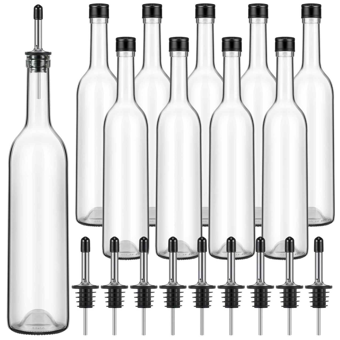 Maxdot 10 Pcs Long Neck Glass Bottles with Pourer Bordeaux Wine Bottle Clear Empty Wine Syrup Juice for Home Bar Liquor Juice Making Wedding Anniversary Party(Stainless)