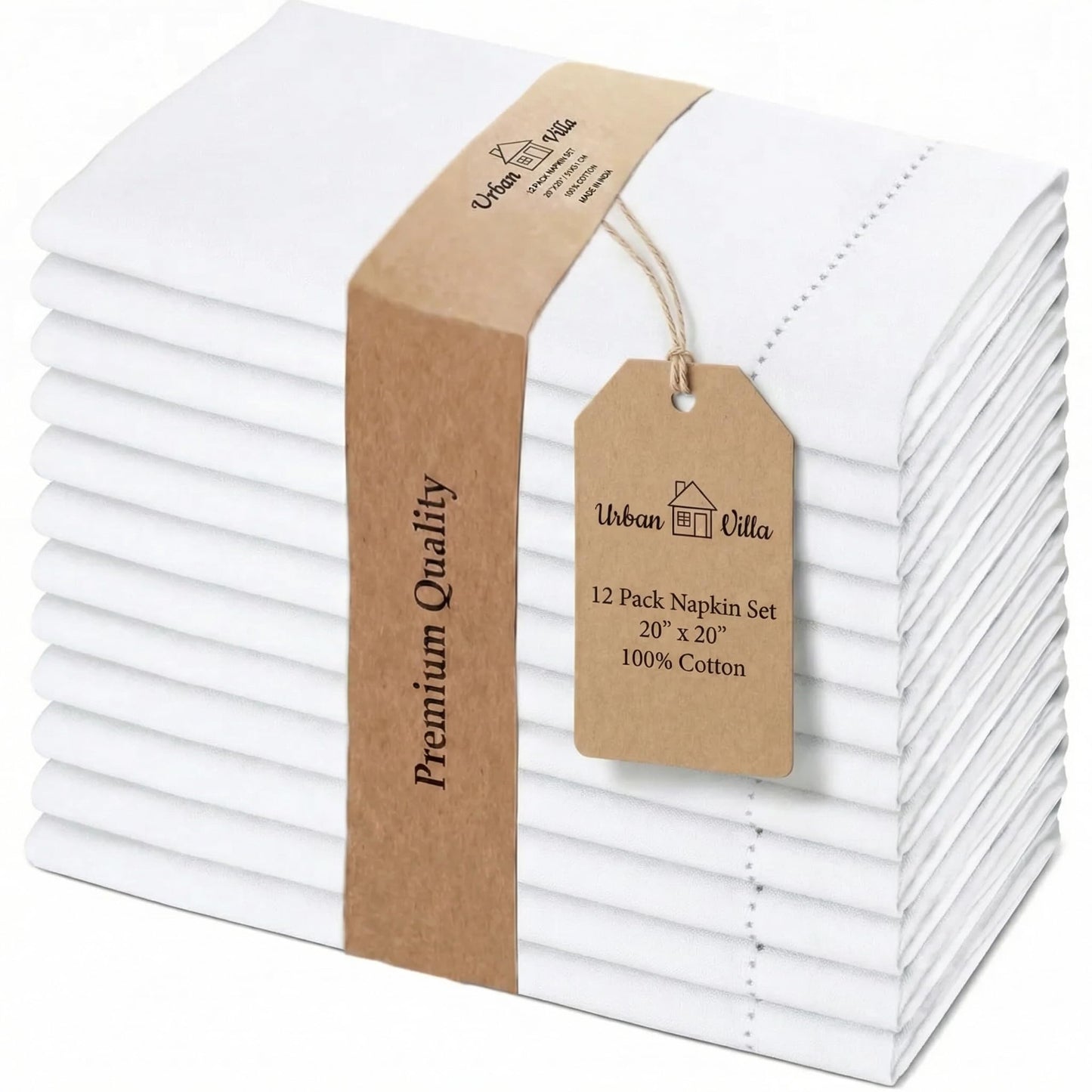 Urban Villa Cloth Napkins 100% Cotton Highly Absorbent Washable Reusable Premium Dinner Napkins Ideal for Gifts for Mothers Day Hotel Farmhouse Parties - White - Hemstitch (20" x 20", Set of 12)