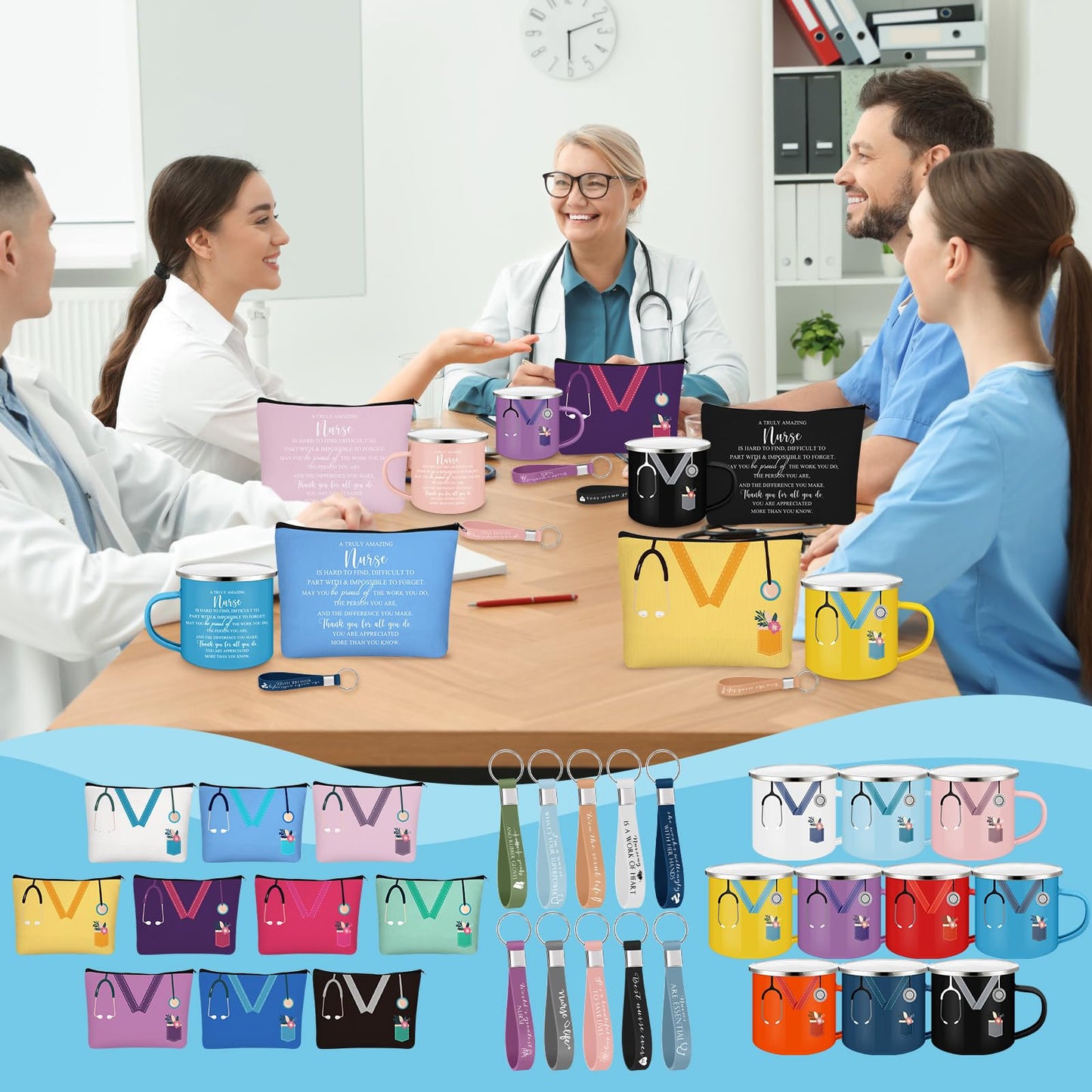 Hushee Nurse Gift CNA Week 2026 Appreciation Gift Include 12 Oz Enamel Mug Stethoscope Sign Designs Makeup Bag Silicone Keychain for Nursing Medical Assistant Thank You Stuffer(30 Pcs,Classic)