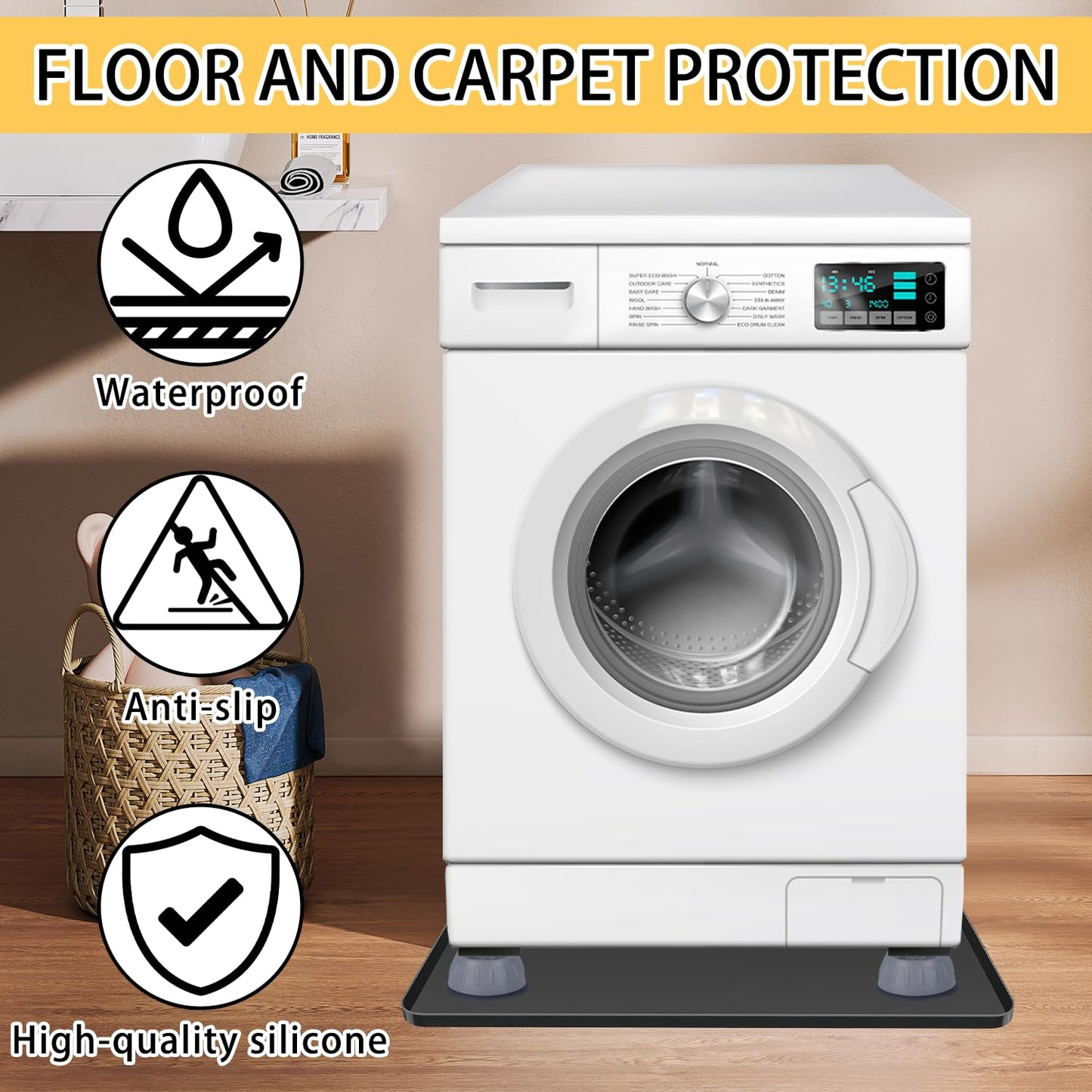 Washing Machine Drain Pan 27"x27" with 4 Anti-Vibration Foot Pads – Washer Tray,Non-Slip, Waterproof, Laundry Appliance Floor protection Set –Noise Reduction Leak Prevention -Soft Silicone Mat