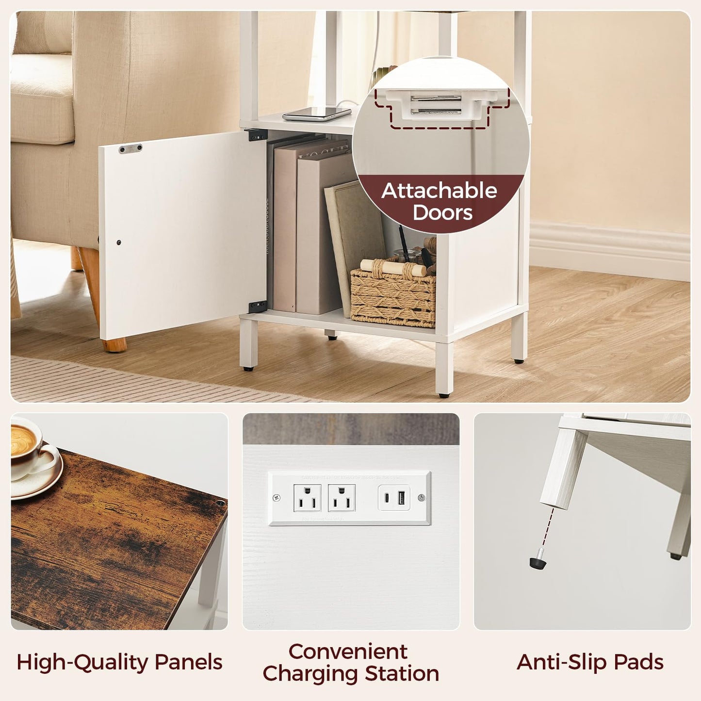 MAHANCRIS Farmhouse Nightstand with Charging Station, White Night Stand End Table with USB, Bedside Table with Storage Cabinet, Modern Side Table for Bedroom, Small Space, Rustic Brown ETRW96E01