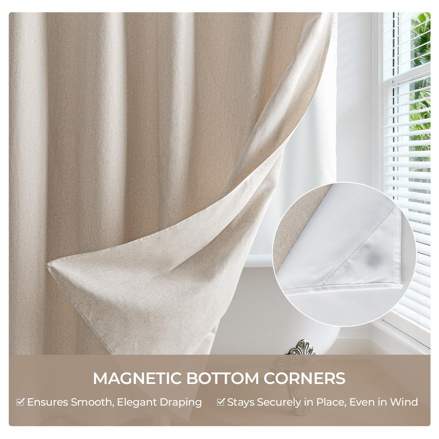 River Dream Linen Textured No Hook Shower Curtain with Snap-in Liner, Farmhouse Quick Dry Fabric Shower Curtain for Bathroom,Rustic Bathroom Set,See-Through Top Window,Water-Repellent,Linen,71Wx74L