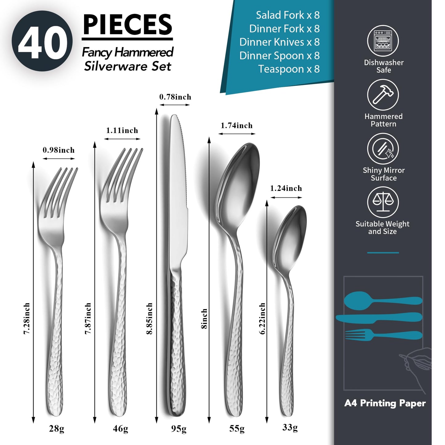 Hammered Silverware Set, EIUBUIE 40-Piece Stainless Steel Flatware Set for 8, Mirror Finish Tableware Kitchen Cutlery Sets, Durable Home Eating Utensils Sets Includes Fork Spoon Knife, Dishwasher Safe