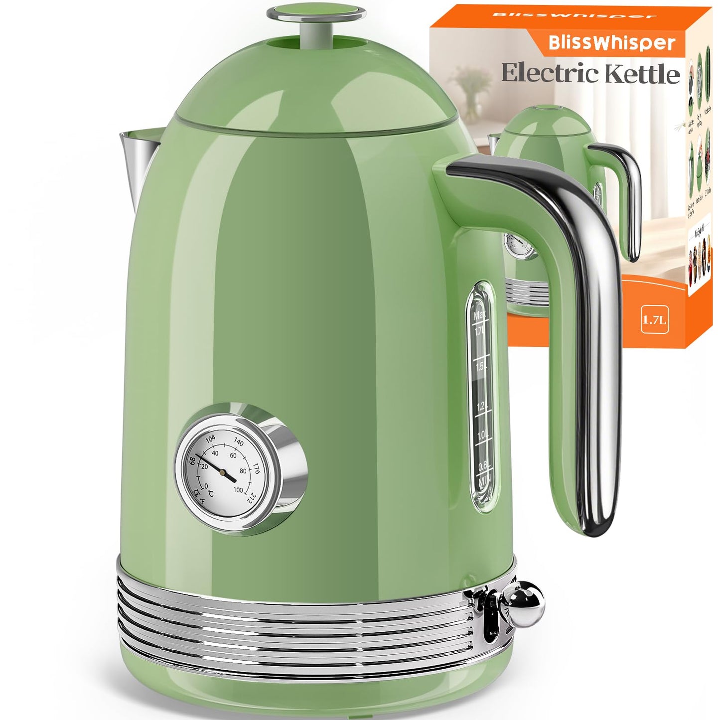 BlissWhisper 1.7L Electric Tea Kettle with Thermometer, 1500W Retro Stainless Steel Hot Water Kettle,Fast Boil Cordless Electric Kettle,Auto Shut-Off & Boil-Dry Protection