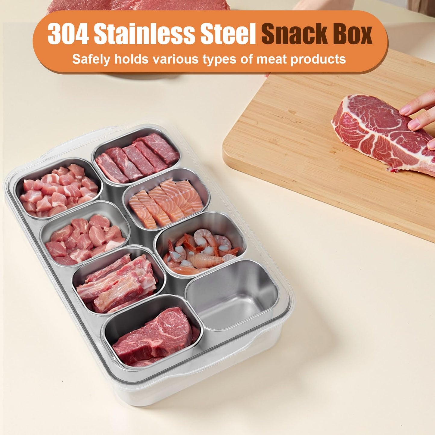 Snackle Box Container, 304 Stainless Steel Snack Containers, Snacklebox, Divided Serving Tray with Lid and Handle, Portable Snack Tray for Beach, Road Trip, Picnic, Boat Days, Ball Games and Pool