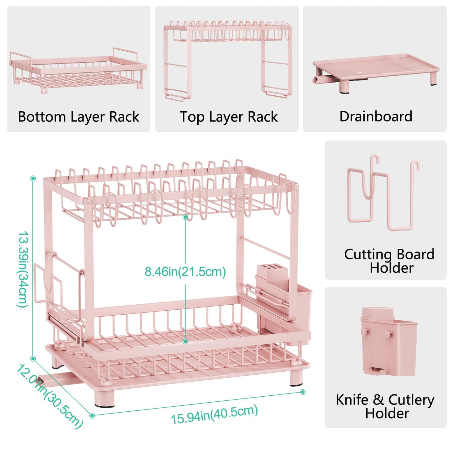Nfnoyp Multifunctional Dish Drying Rack - Rustproof, 2-Tier Dish Racks with Drainboard, Space-Saving Design, Utensil & Cup Holder for Kitchen Counter, Pink