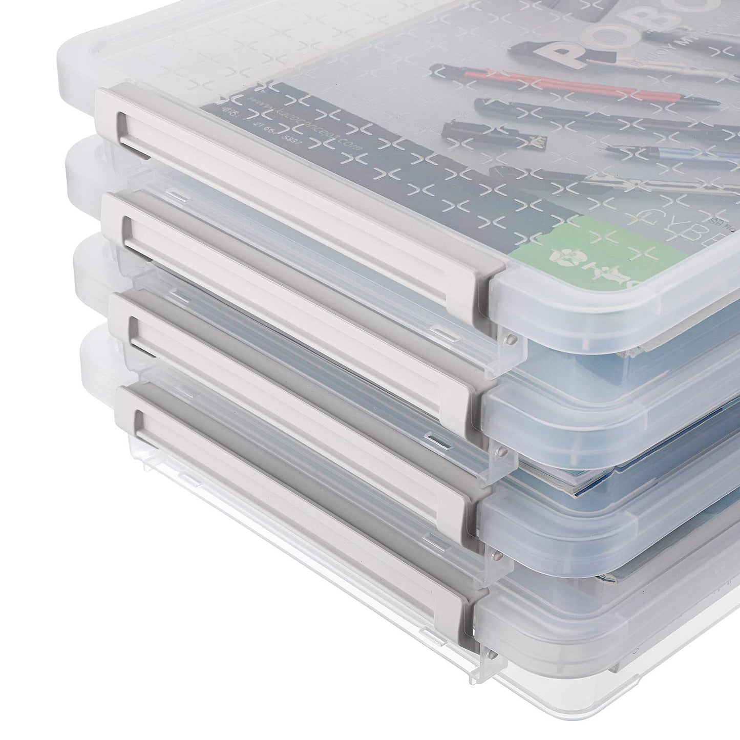 BTSKY 4 Pack A4 Plus Clear Plastic Stackable Storage Box Desk Paper Magazine Container with Buckle, Office Supplies Accessories File Protector Case Organizer, Portable Project Case Document Holders