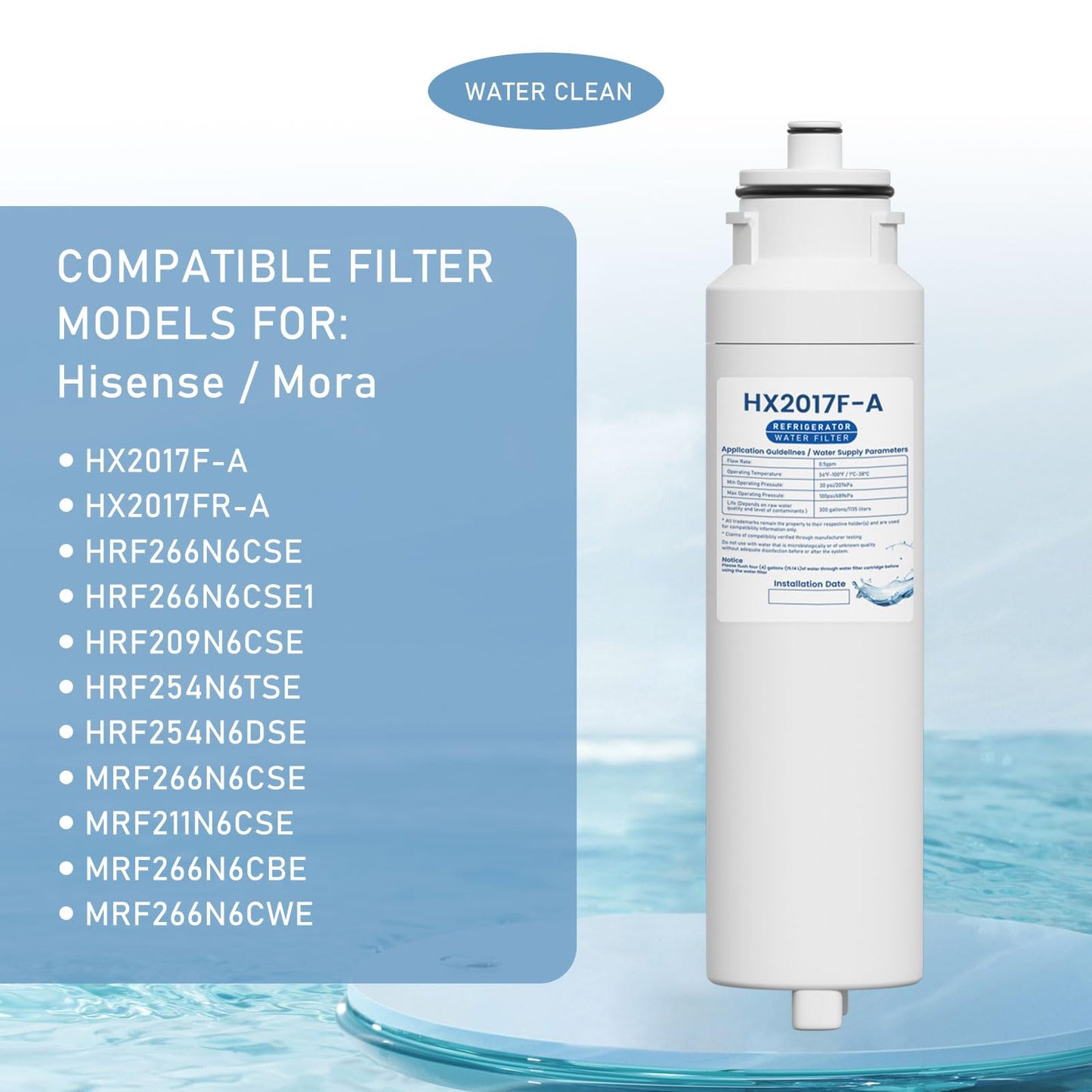 HX2017FR-A Water Filter Cartridge Compatible with Hisense HRF266N6CSE1, HRF266N6CSE, HRF209N6CSE, HRF254N6TSE, HRF254N6DSE Twist-In Models, 3 Packs