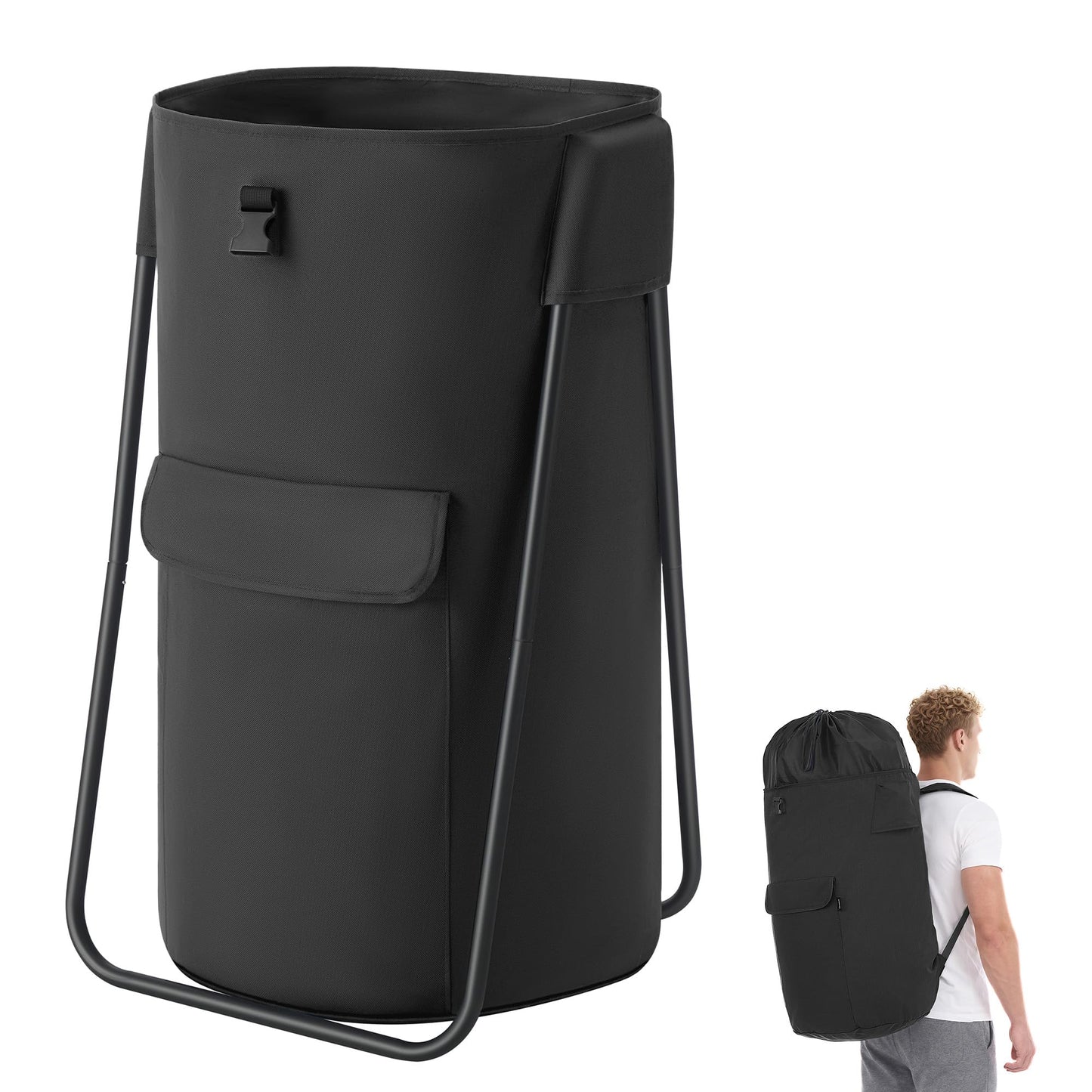 SONGMICS Laundry Bag with Stand, Laundry Backpack 31.7 Gallons (120 L), Heavy-Duty, Large with Extendable Top, Oxford Fabric, Wide Shoulder Straps and Flap Pocket, Ink Black ULCB102BH01