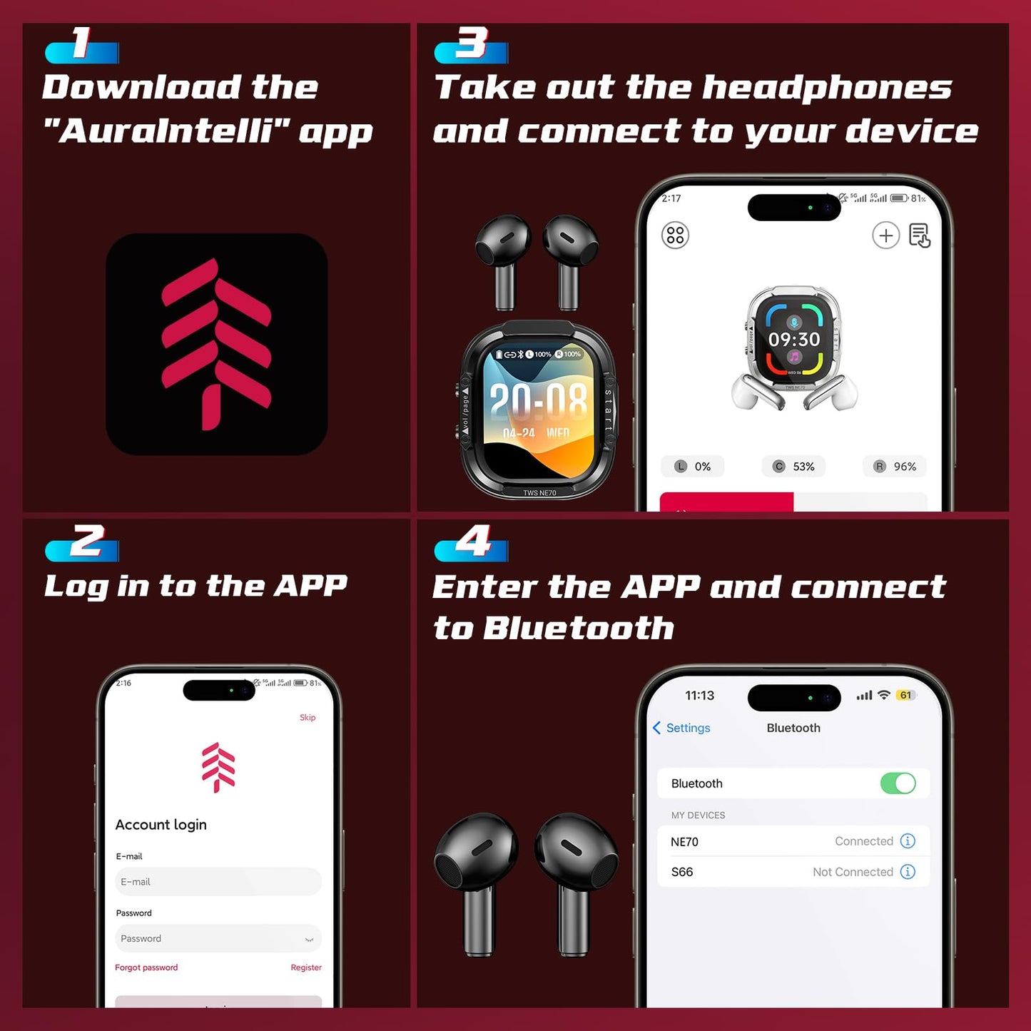 BEARTAIN NE70 Earbuds, 2026 New NE70 AI Translation Earbuds in Real Time, Language Translator Headphones with LCD Touch Screen Audifonos Traductores Inglés Español Support 150 Languages for Travel