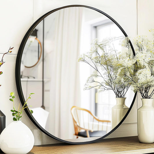 Sunniry Black Round Mirror, Round Mirror 24 inch, Black Circle Mirrors Matte Metal Frame, Wall Mounted Mirrors for Living Room, Bathroom, Wall, Entryway.