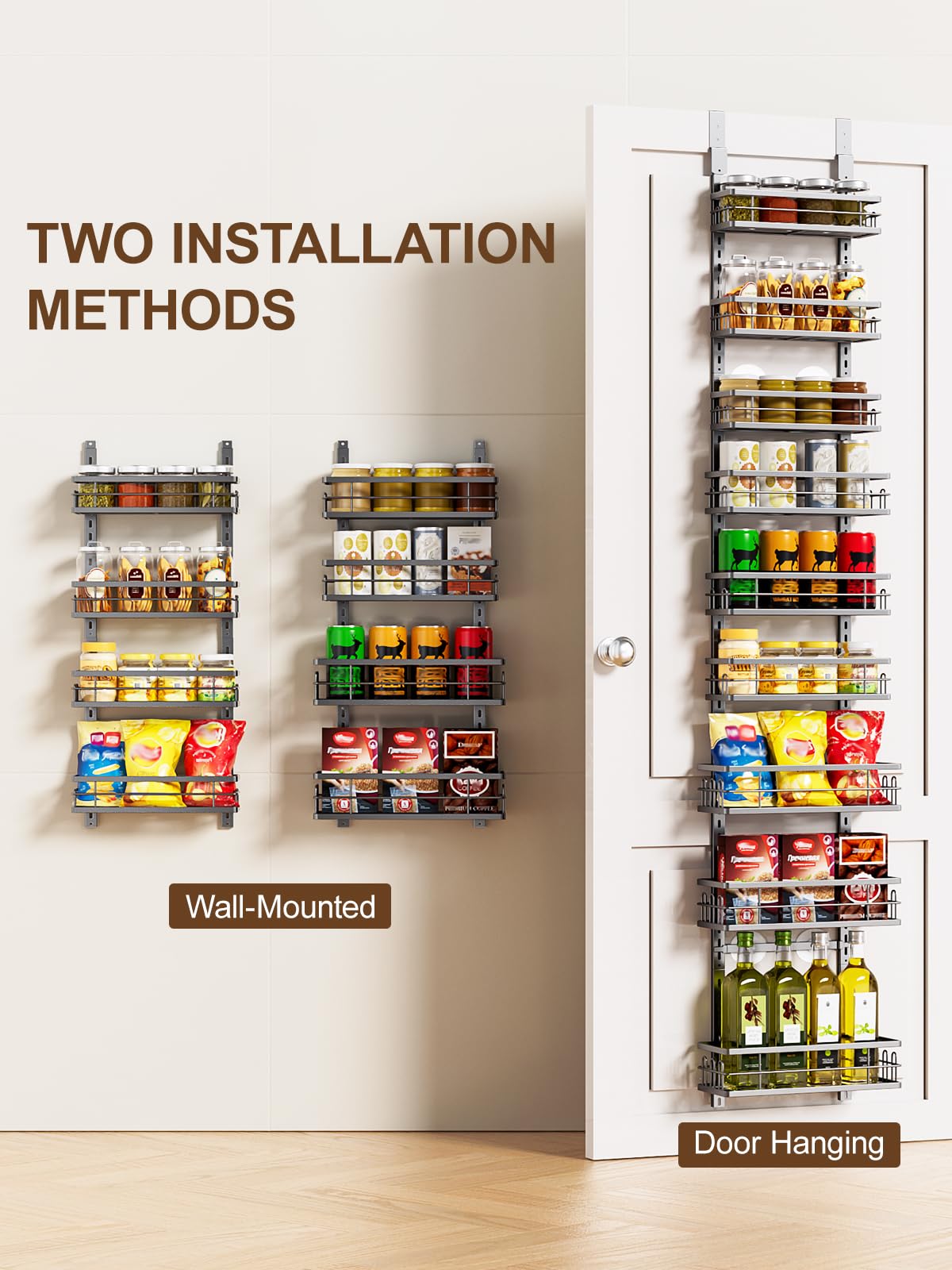 Delamu 9-Tier Over the Door Pantry Organizer, Adjustable Pantry Door Organizers and Storage, Metal Hanging Basket Wall Spice Rack Seasoning Organizer, Door Organizer Kitchen Bedroom Bathroom,12"Black