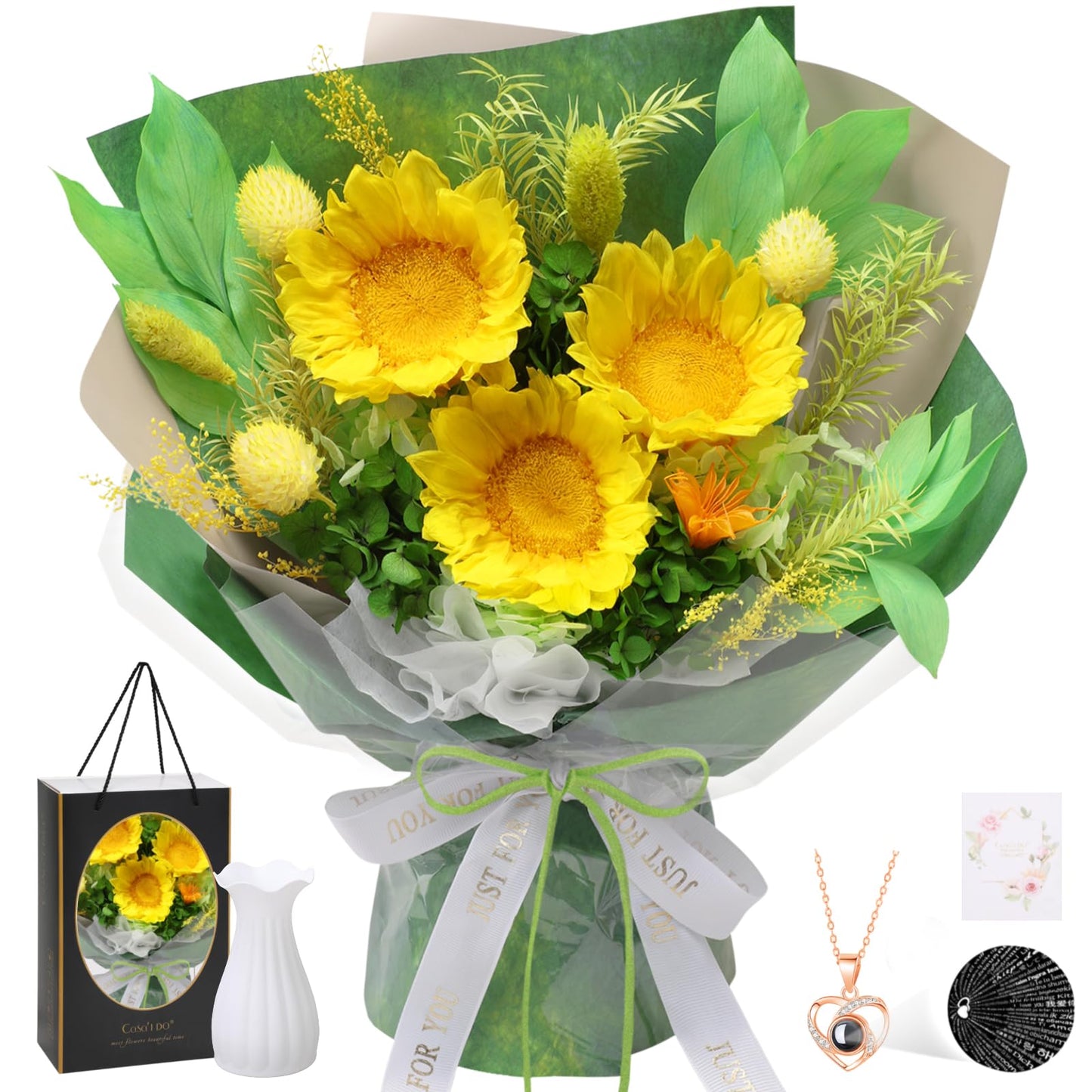 Casaido Preserved Flowers for Delivery, Mothers Day Sunflower Bouquets with Necklace, Forever Flowers Anniversary Birthday Gifts for Women Mom Wife Girlfriend, Eternal Flowers for ValentinesChristmas