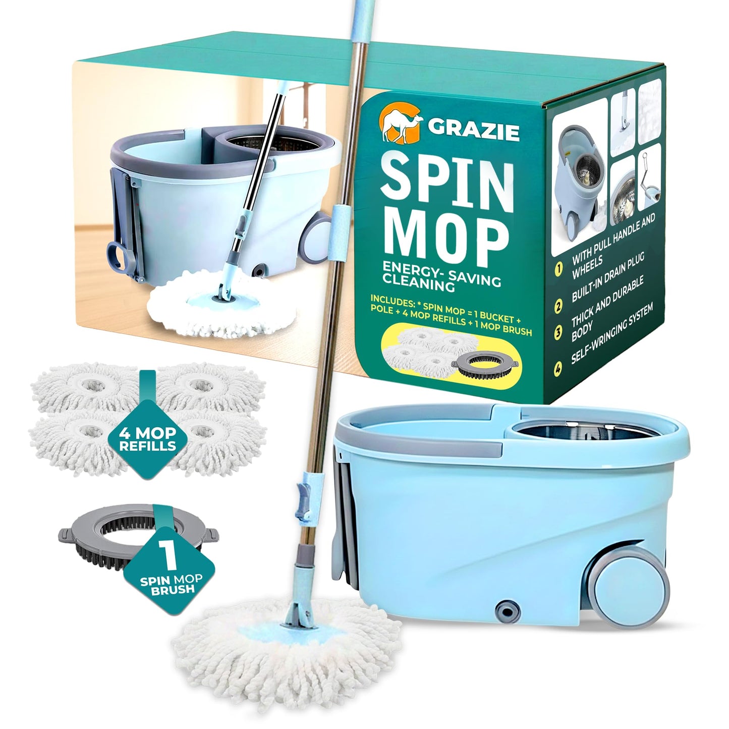 Grazie Spin Mop & Bucket Set - 360° Self-Wringing System with Wheels, Stainless Steel Handle - Hands-Free Floor Cleaning for Hardwood, Tile, Laminate - Includes 4 Washable Microfiber Mop Head Refills