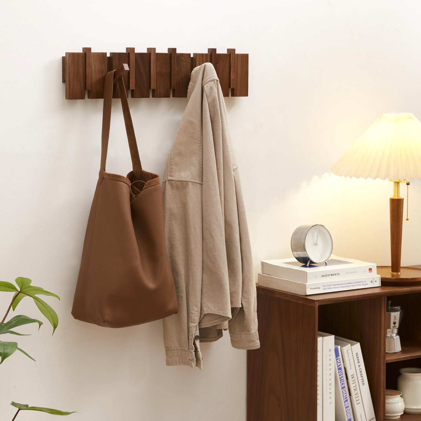 QUELLANCE Wood Coat Rack Wall Mount, Coat Hooks Hanger Wall Mounted, Heavy Duty Wall Coat Rack with 6 Hooks for Hanging Coats/Keys/Hats/Robe&Towels/Plants/Bags, Walnut