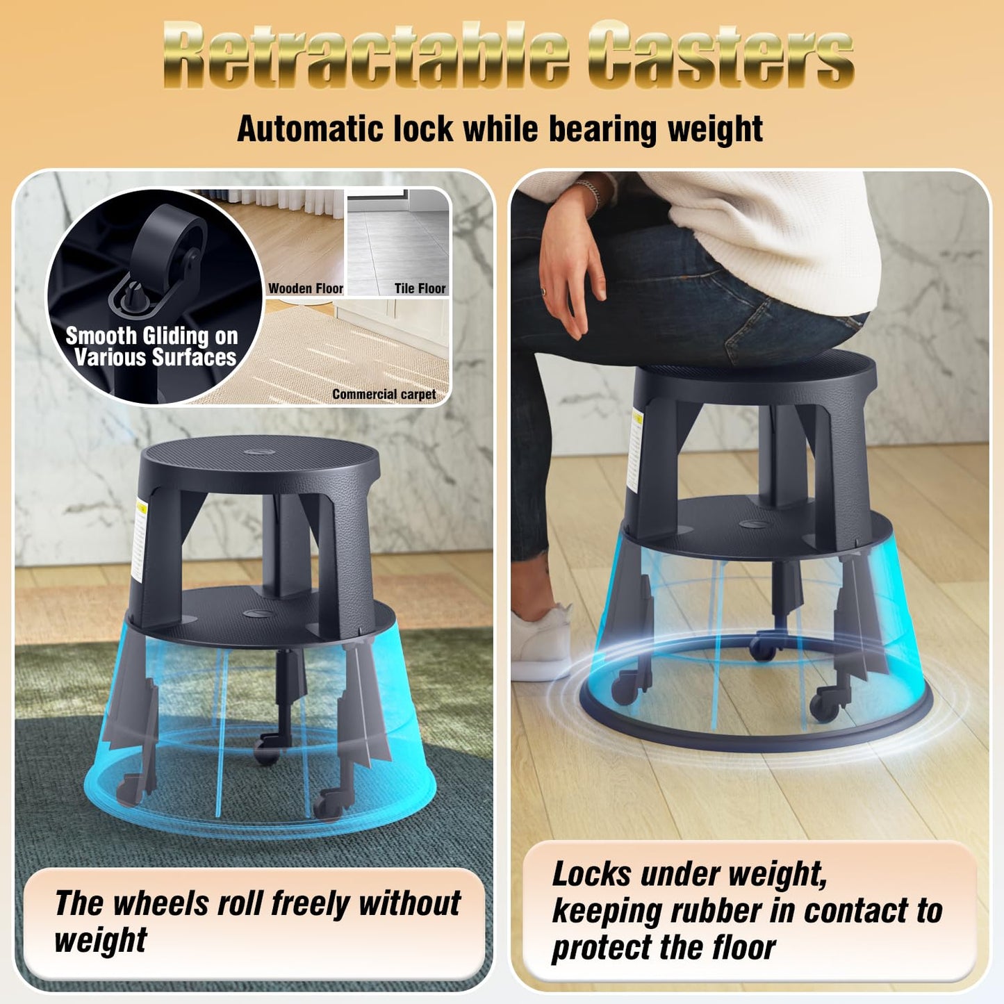 FurniCleevor Rolling Step Stool with Wheels, 550lbs Capacity, Non-Slip Platform & Retractable Casters, Round Kick Stool for Library, Kitchen, Office, Garage, Portable for Adults/Seniors/Kids (Black)