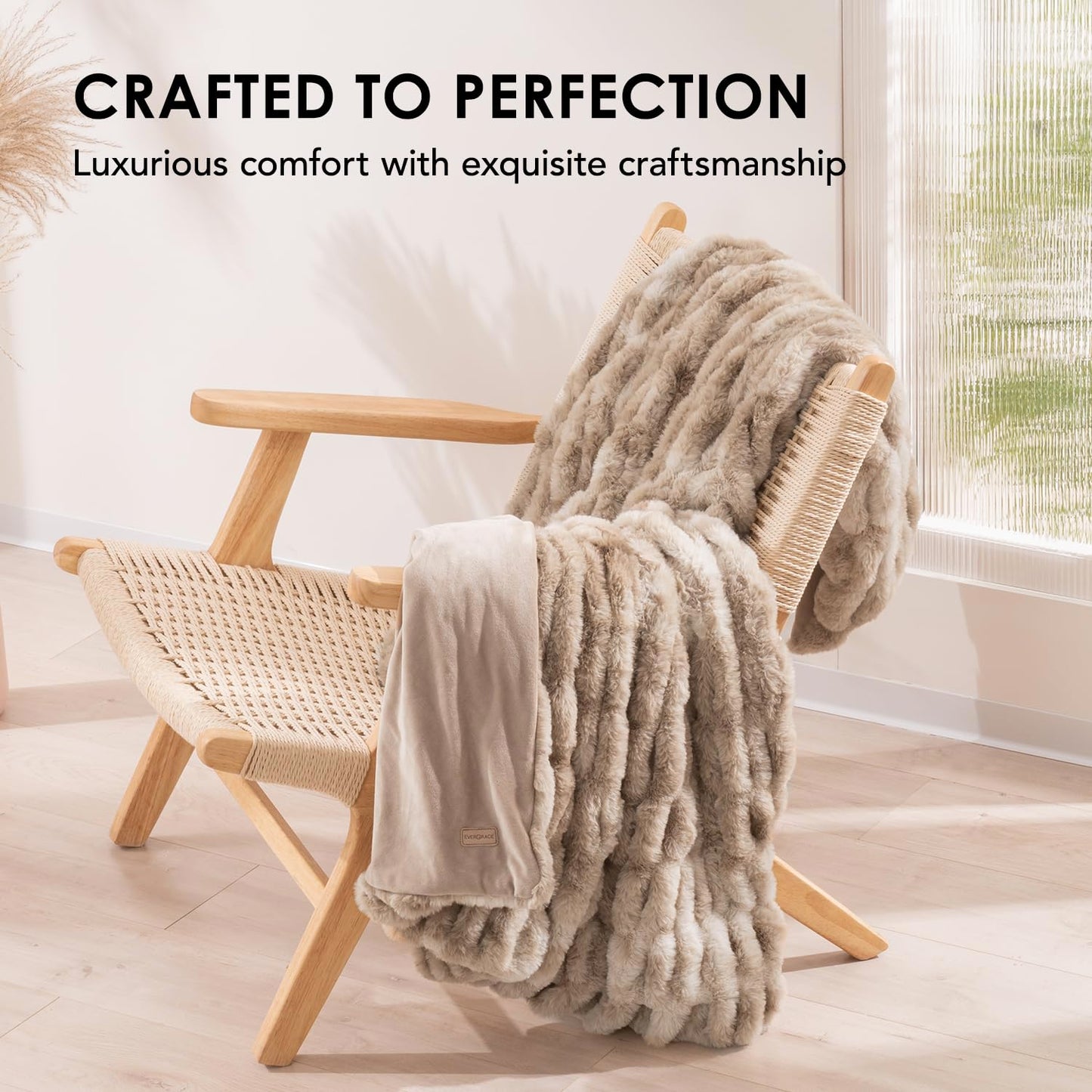 EVERGRACE Luxurious Soft Faux Rabbit Fur Throw Blanket, Cozy Fuzzy Plush Warm Throws for Couch Bed Sofa Chair Home Decor, Ruched Bubble Fluffy Blanket with Reversible Velvet, 60" x 80", Beige