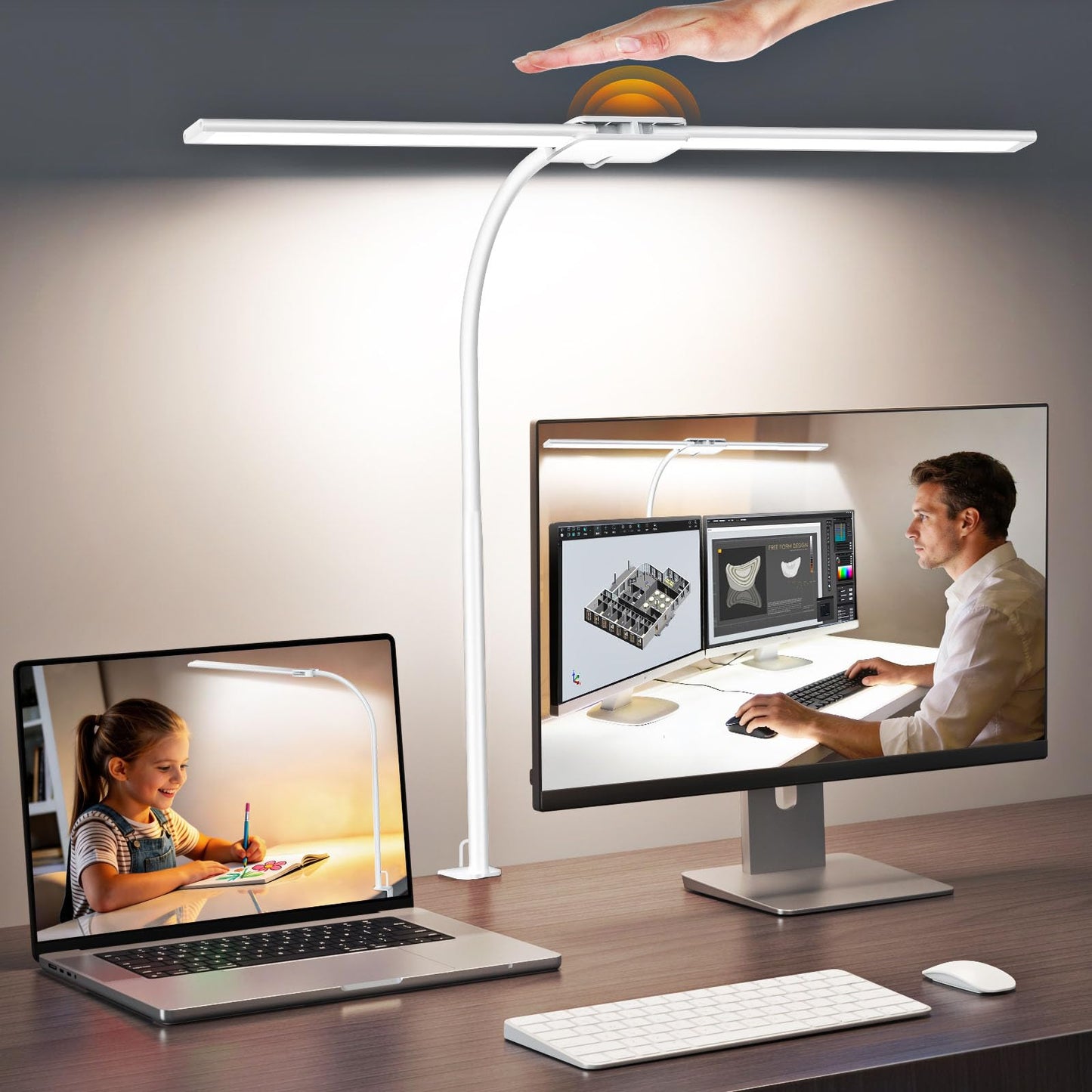 Syrinx LED Desk Lamp, Dual Head Desk Light with Clamp, 50 Lighting Modes Eye-Caring Table Lamp, Flexible Gooseneck Task Light with Motion Sensor, Wired Control, Timer & Memory Function for Home Office