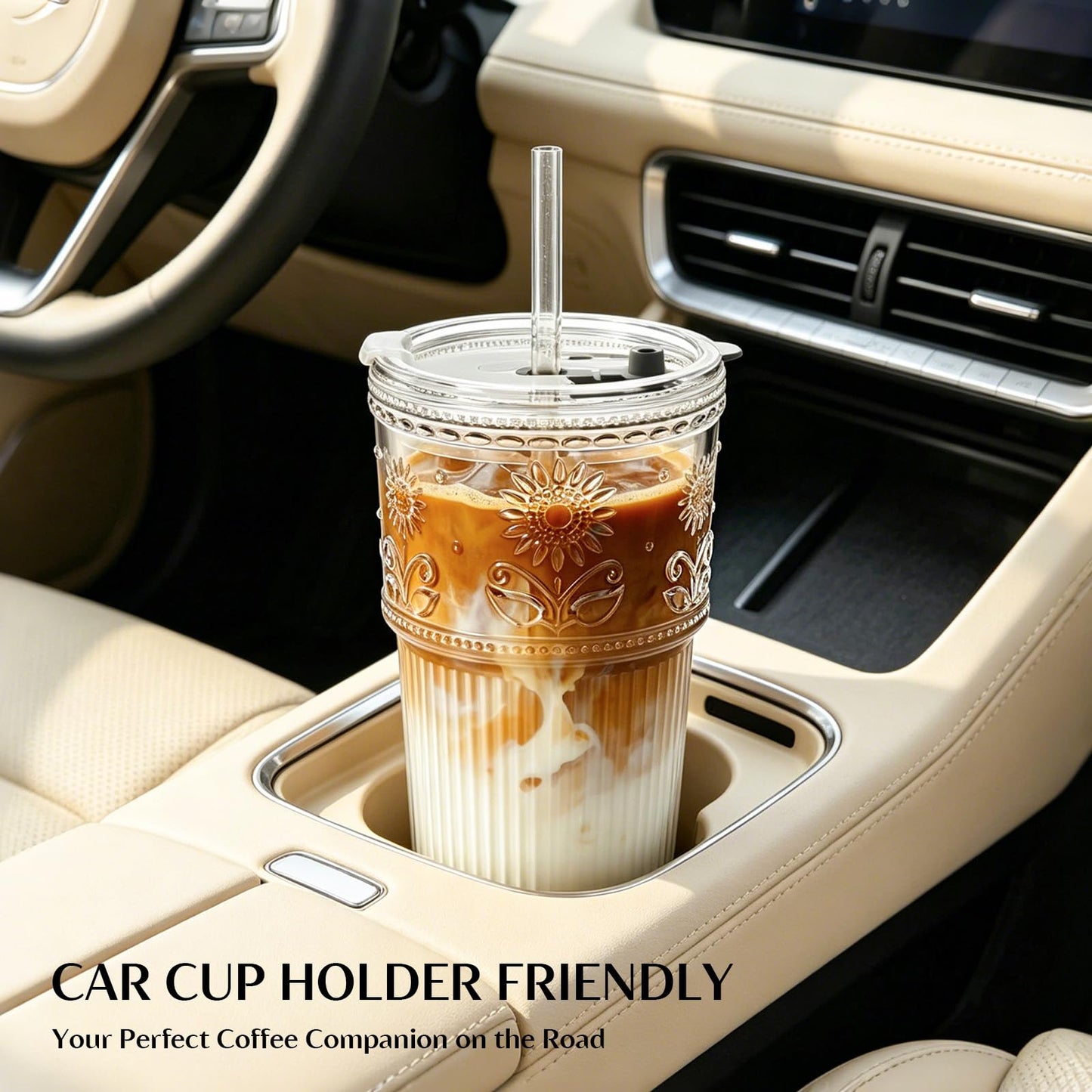 INSETLAN 20 oz Sunflower Glass Cups with Lids and Straws, Set of 4, Elegant Iced Coffee Cups for Coffee, Matcha, Smoothies, Juice, Cocktail and More, Leak-Proof Glass Tumbler for Daily Use and Travel