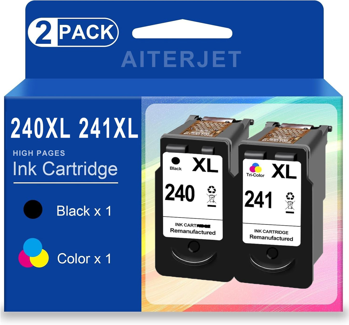 AITERJET 240 241 Ink Remanufactured Ink Cartridge Replacement for Canon 240 240XL 241 241XL to use with Pixma MG3620 MG3520 MX472 TS5120 MX452 MX432 MX532 MG3220 Printer (Black & Color XL Combo Pack)