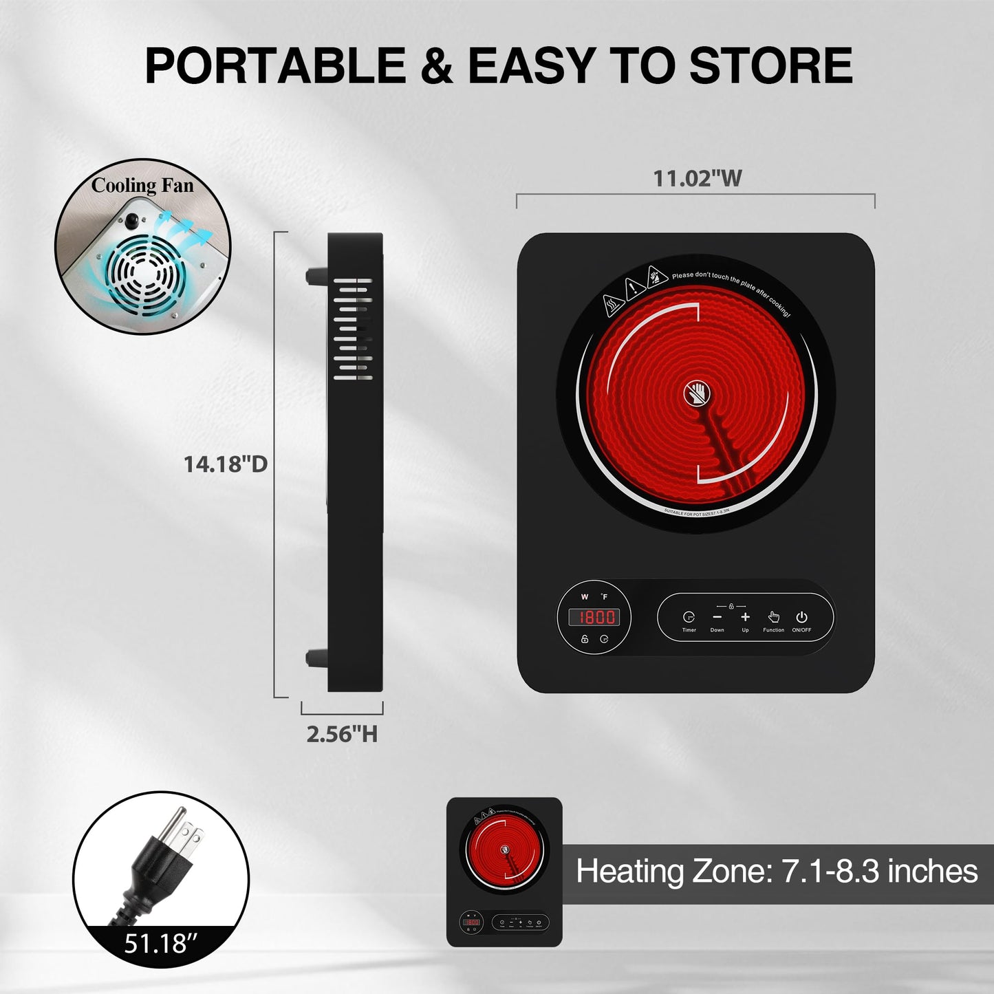 Nafewin Single Burner Electric Cooktop 1800W - 110V Electric Stove Top Burner Portable Stove with LED Touch Control 10 Power Level, Hot Plate with Child Safety Lock, Timer and Overheat protection
