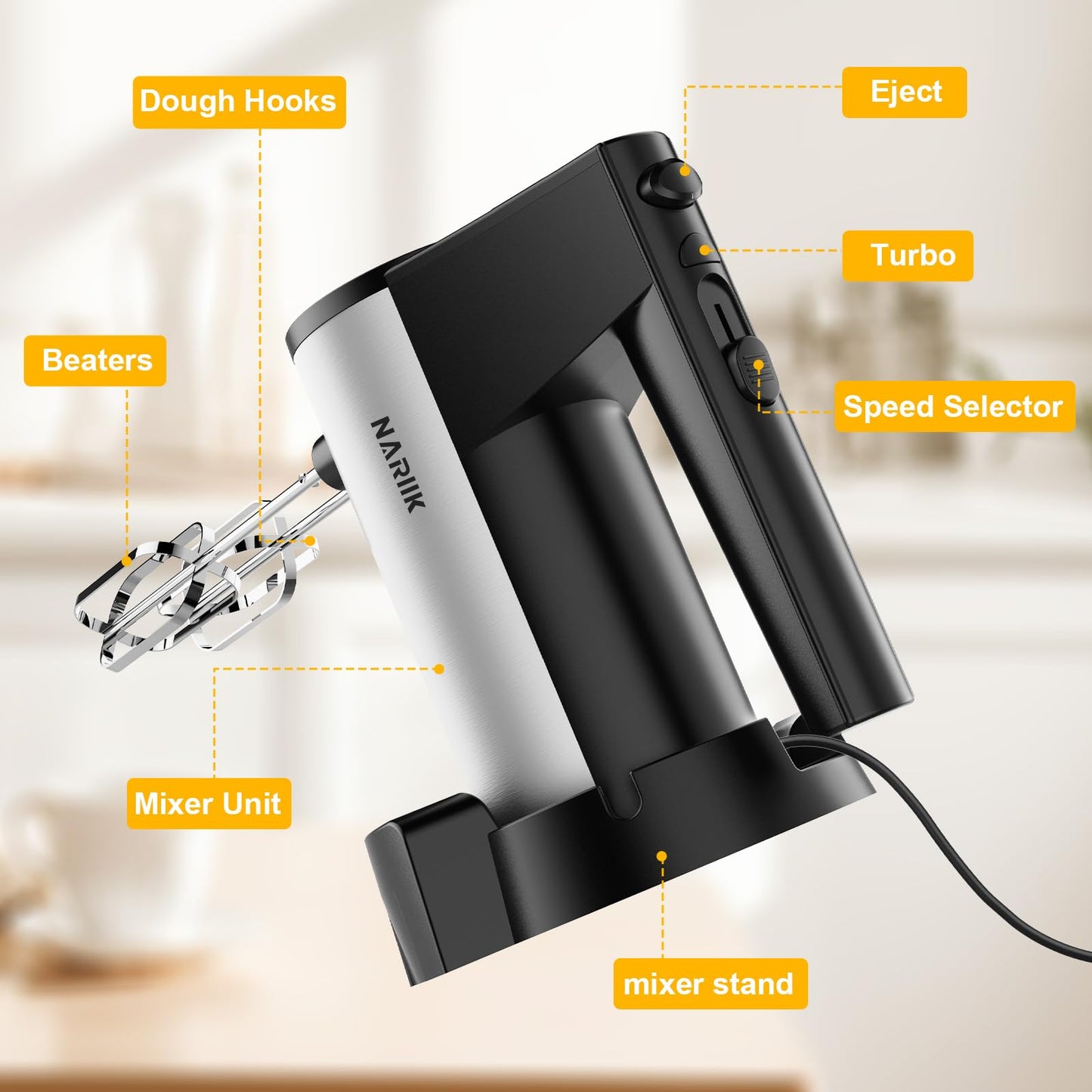 Electric Hand Mixer, Kitchen Handheld Mixer, Turbo Boost/Self-Control Speed + 5 Speed + Eject Button + Stainless Steel Hand Beaters*2 & Dough Hooks*2, Small Mixer for Cream/Cookies/Dough