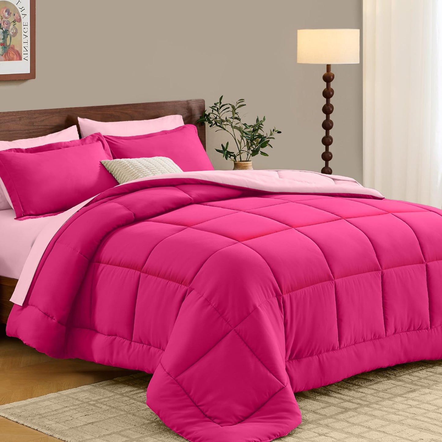 FUANNA Queen Comforter Set 7 Pieces, Reversible Queen Size Bed in a Bag with All Season Soft Comforter, Bedding Sets Includes Comforter, Flat Sheet, Fitted Sheet, Pillowcases & Shams, Hot Pink & Pink