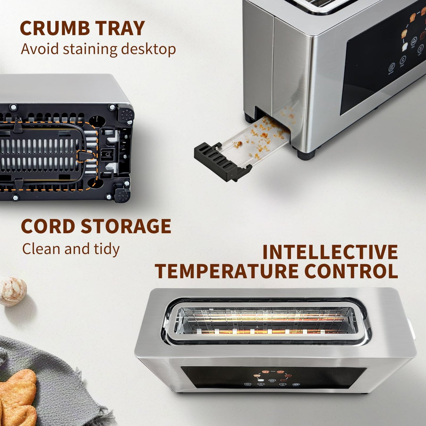 BBday 2 Slice Toaster with Touch Screen, Slim Toaster For Long Slice, 1.6" Wide Slot, 6 Browning Levels, 1000W Fast Heating, Slim Stainless Steel Design for Bagels, Baguettes, Compact Kitchen & RV Use