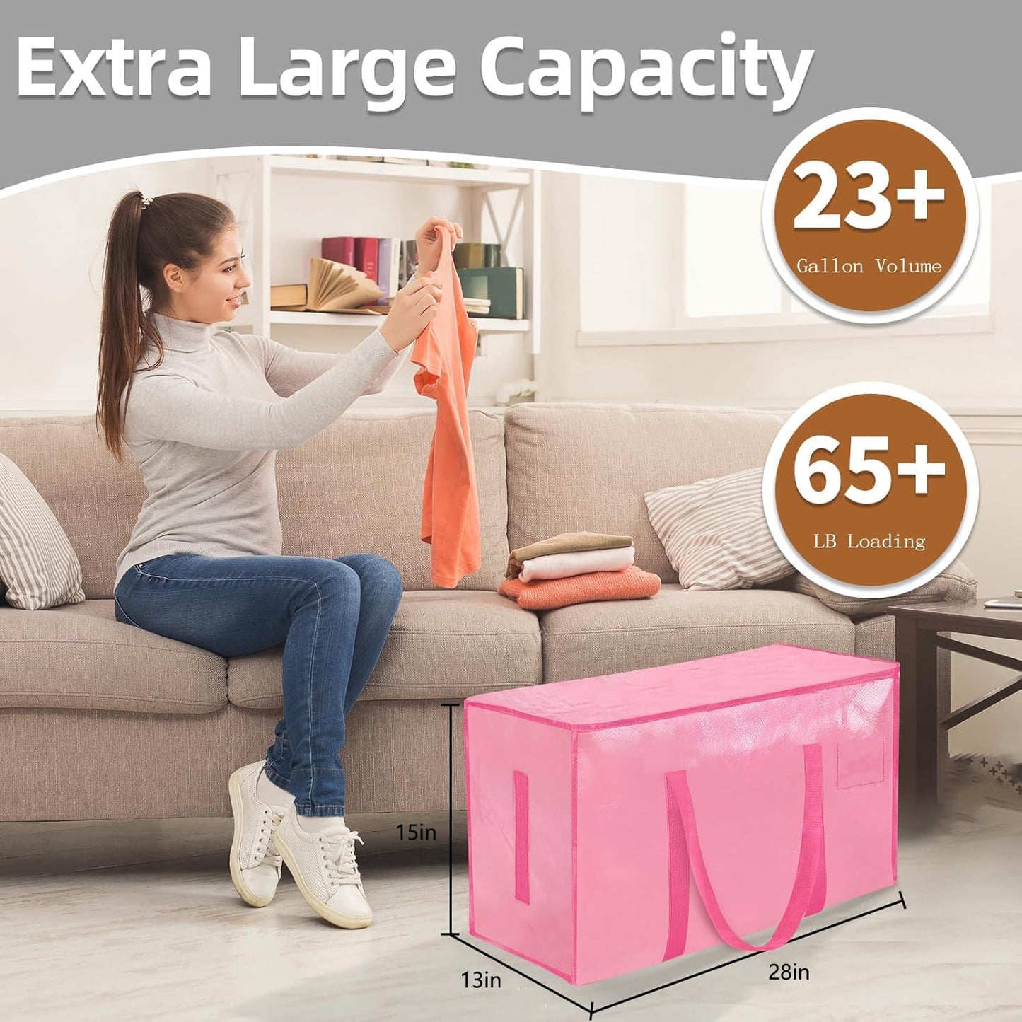 12 Pack-Extra Large Heavy Duty Moving Bags - Waterproof Storage Totes with Handles & Zippers, Foldable for College Dorm, Storage (Pink)