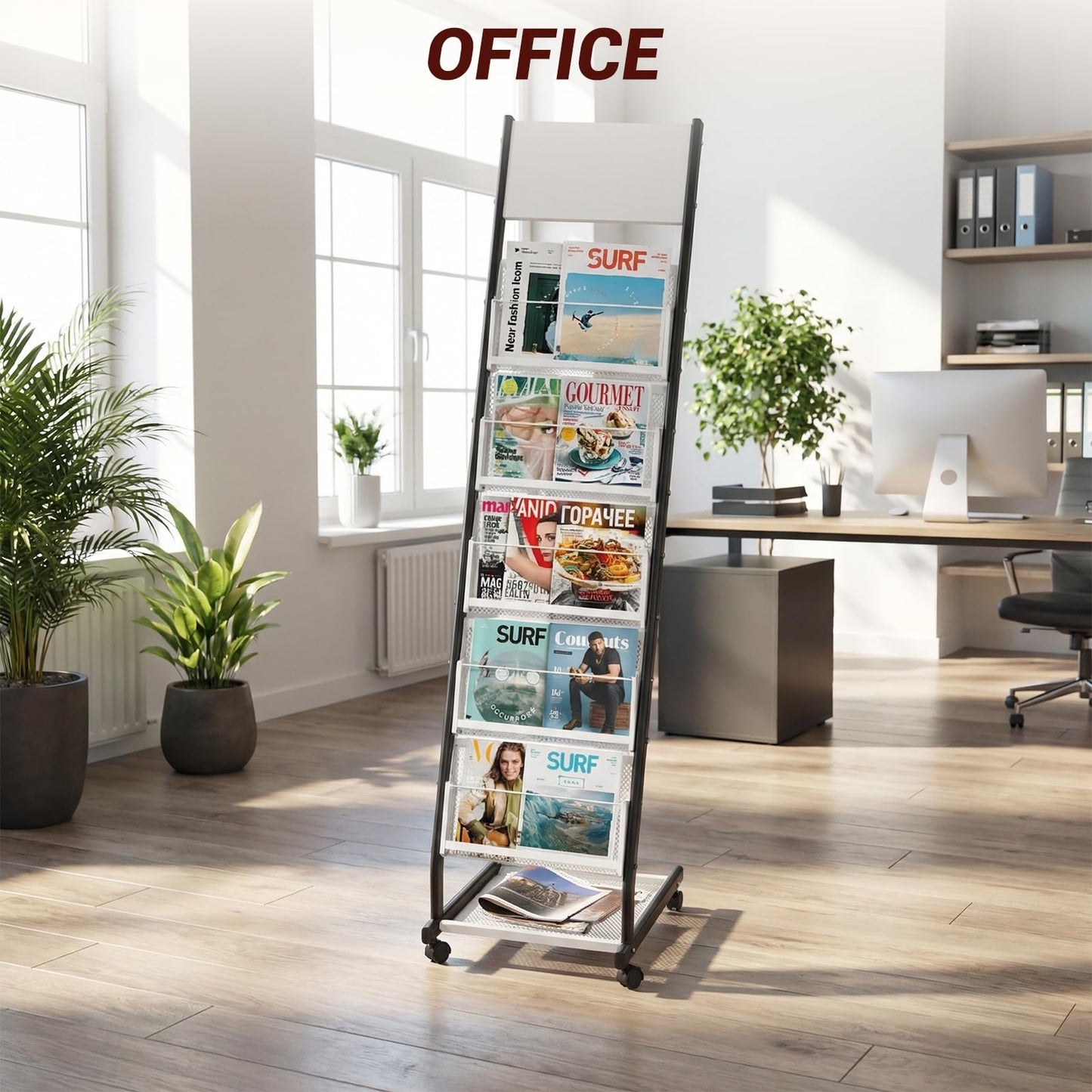 XIDIHF Floor Standing Magazine Holder with 5 Pockets, Journals, Brochure & Literature Display Holder for Trade Shows, Exhibitions, Office, and Shopping Malls, Black