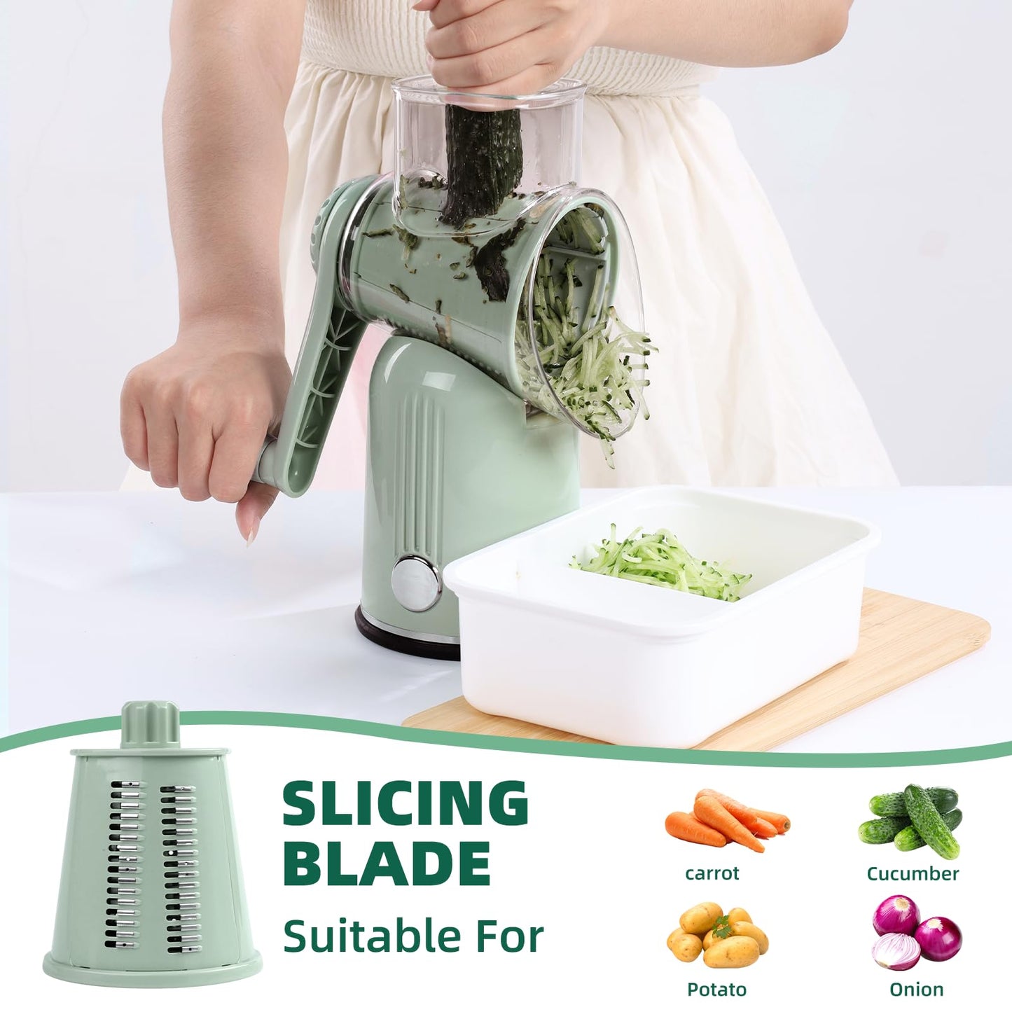 Rotary Cheese Grater with Handle, Vegetable Shredder with 5 Replaceable Blades & Strong Suction Base, Round Food Slicer & Chopper for Kitchen Fruit Vegetables Nuts with Blade Storage Box (Green)