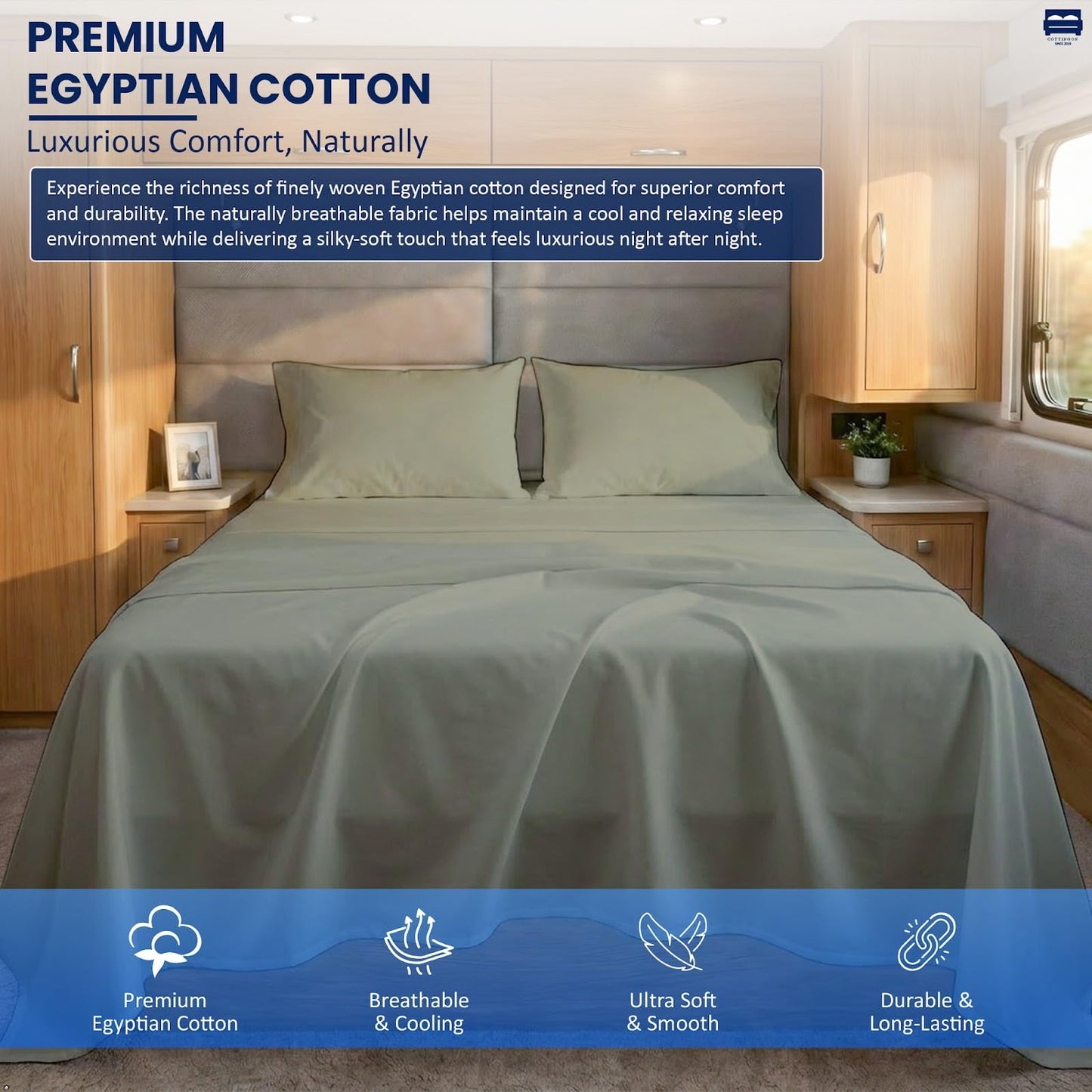 Cottingon RV King Sheets 72 x 80,Luxury Soft 100% Egyptian Cotton, 4 Pcs Camper Bedding Set to Fit Upto 15" Deep Custom RV Mattress, Light Grey Solid