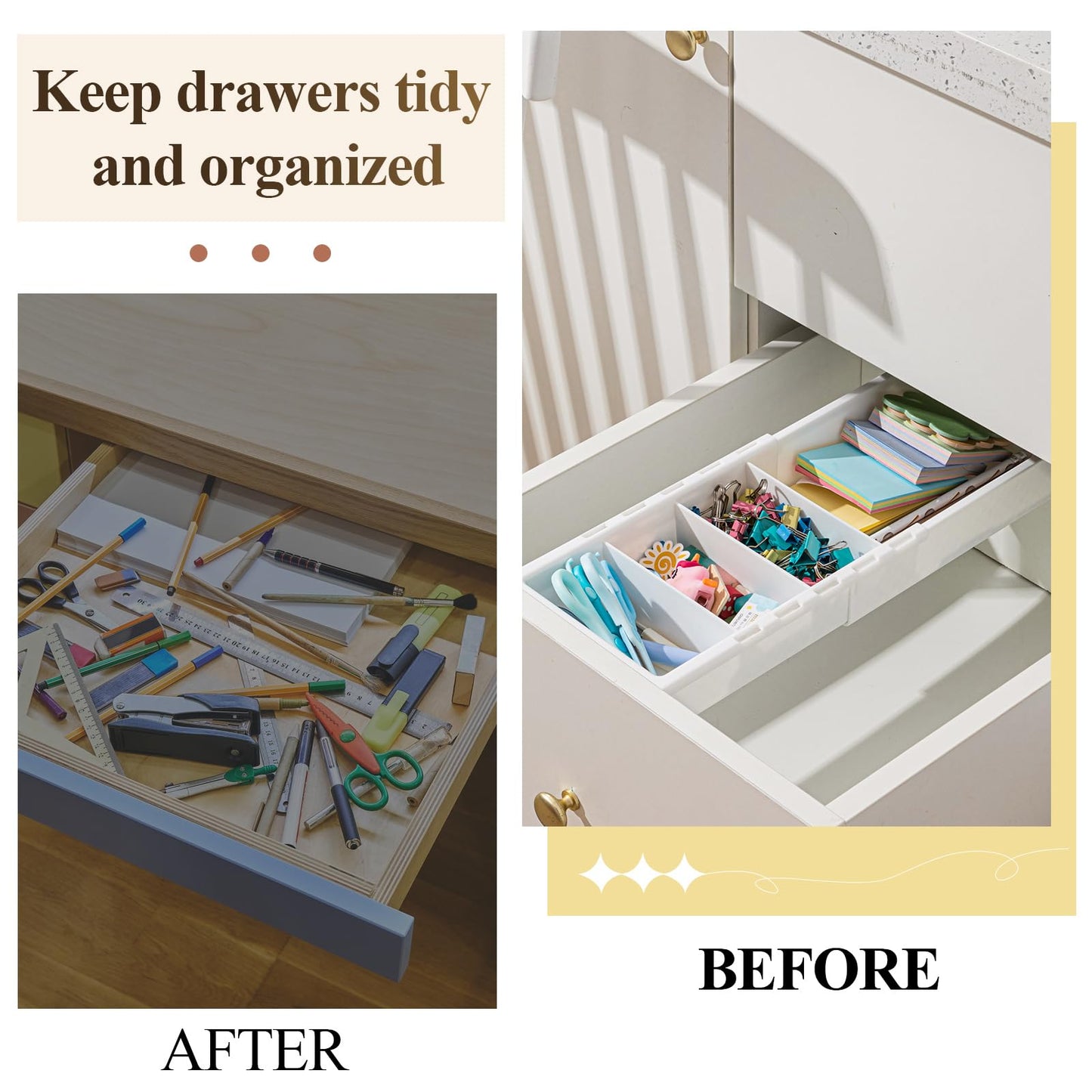 BrightRow 4 Pcs Expandable Drawer Organizer Bins Adjustable Deep Drawer Hanging Organizer Tray Expandable 11.4 to 18.1 Inches Plastic Dividers Storage for Office Bathroom Bedroom Kitchen Desk, White
