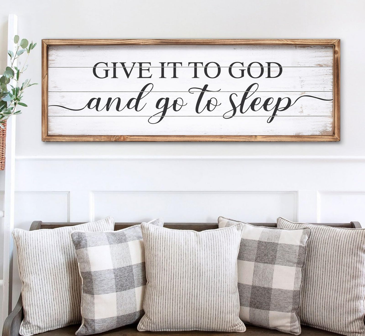 UPPER DECOR Give It to God and Go to Sleep Sign 42''×15'' Large Above Bed Wall Decor Farmhouse Bedroom Decor Wood Guest Room Decor Framed Wall Art Rustic Master Bedroom Wall Decoration