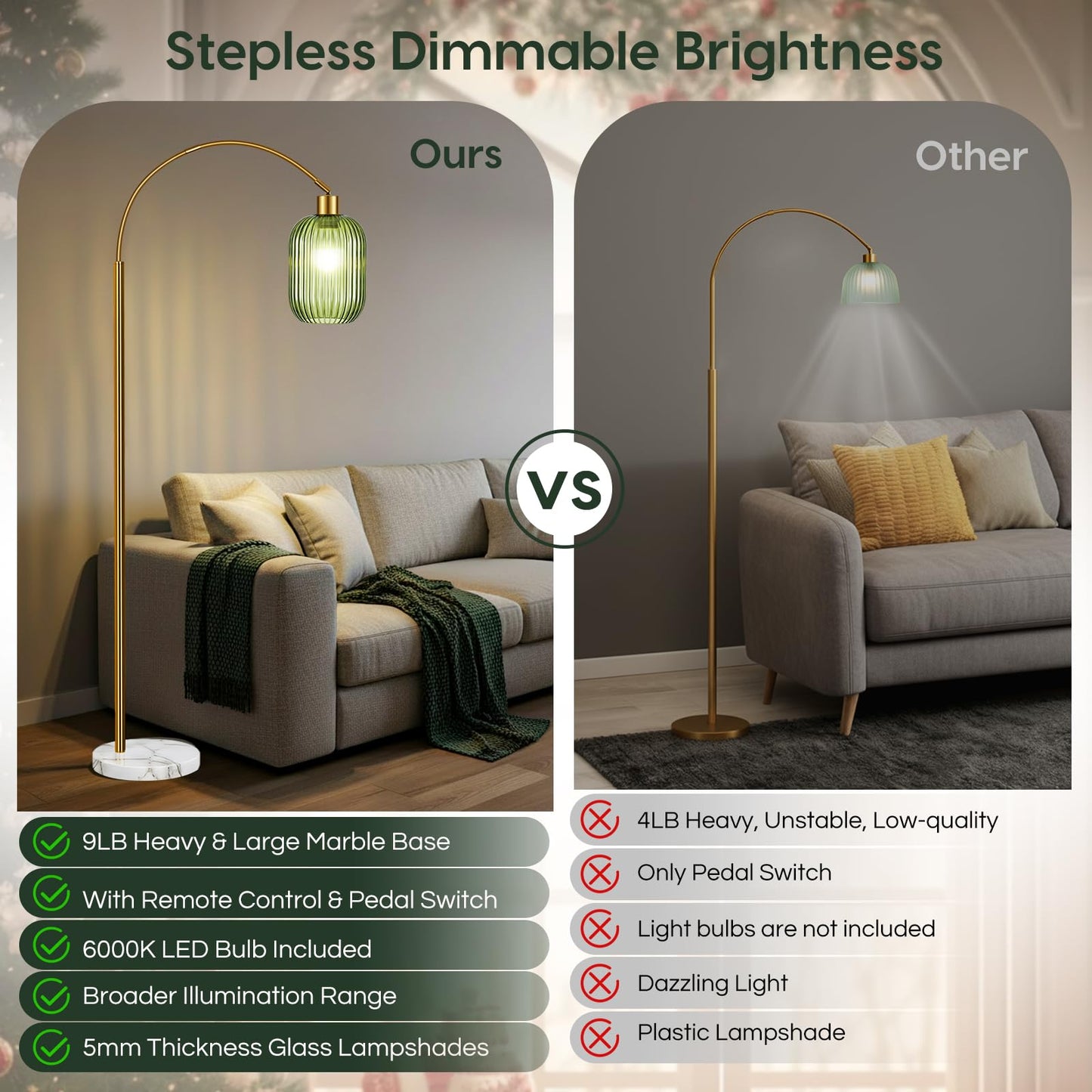 COTTHOS Floor Lamp for Living Room, Modern Gold Lamp with Ribbed Glass Lampshade Marble Base, 68” Glass Tall Lamp with Remote Control and Pedal Switch for Bedroom (6000K LED Bulb Included)